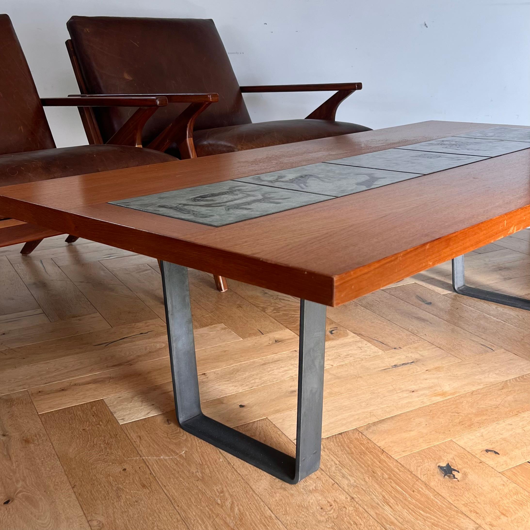Danish modern teak coffee table with prehistoric tile inlay, 1960s For Sale 12