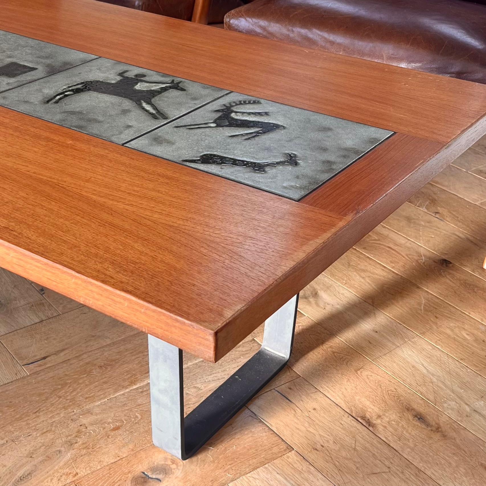 Danish modern teak coffee table with prehistoric tile inlay, 1960s For Sale 13