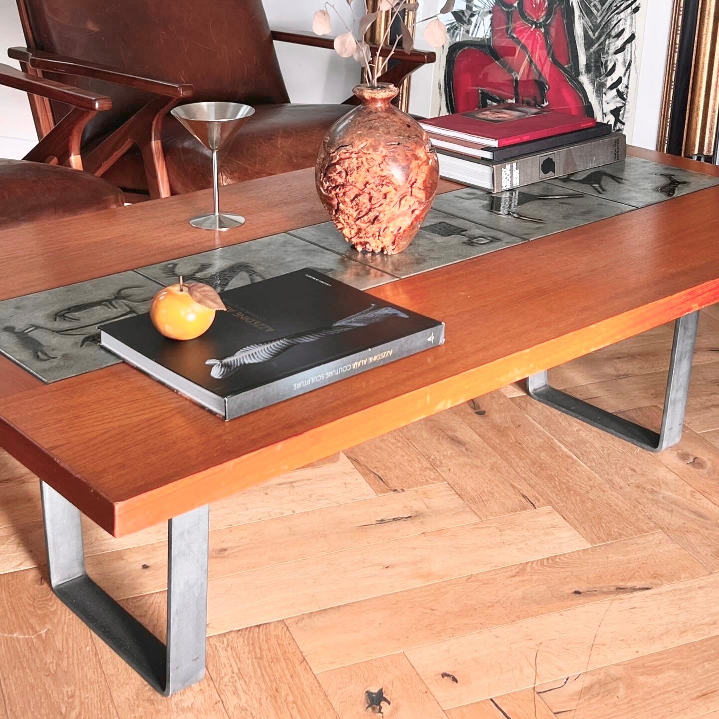 Mid-Century Modern Danish modern teak coffee table with prehistoric tile inlay, 1960s For Sale
