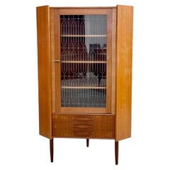 Danish Modern Teak Corner Glass Curio Cabinet or Bar