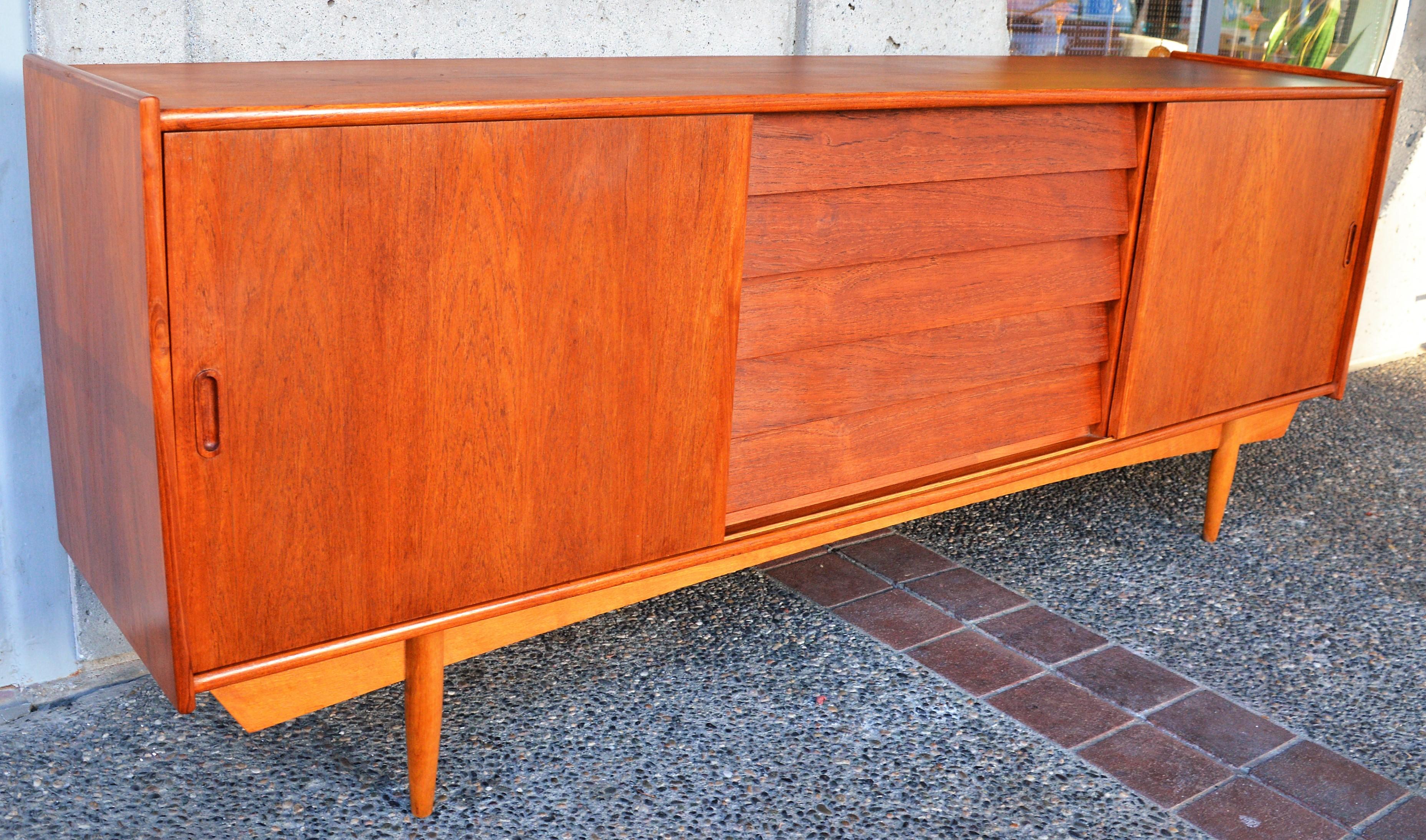 Danish Modern Teak Credenza with Louver Drawers and Oak Atomic Era Style Base 4