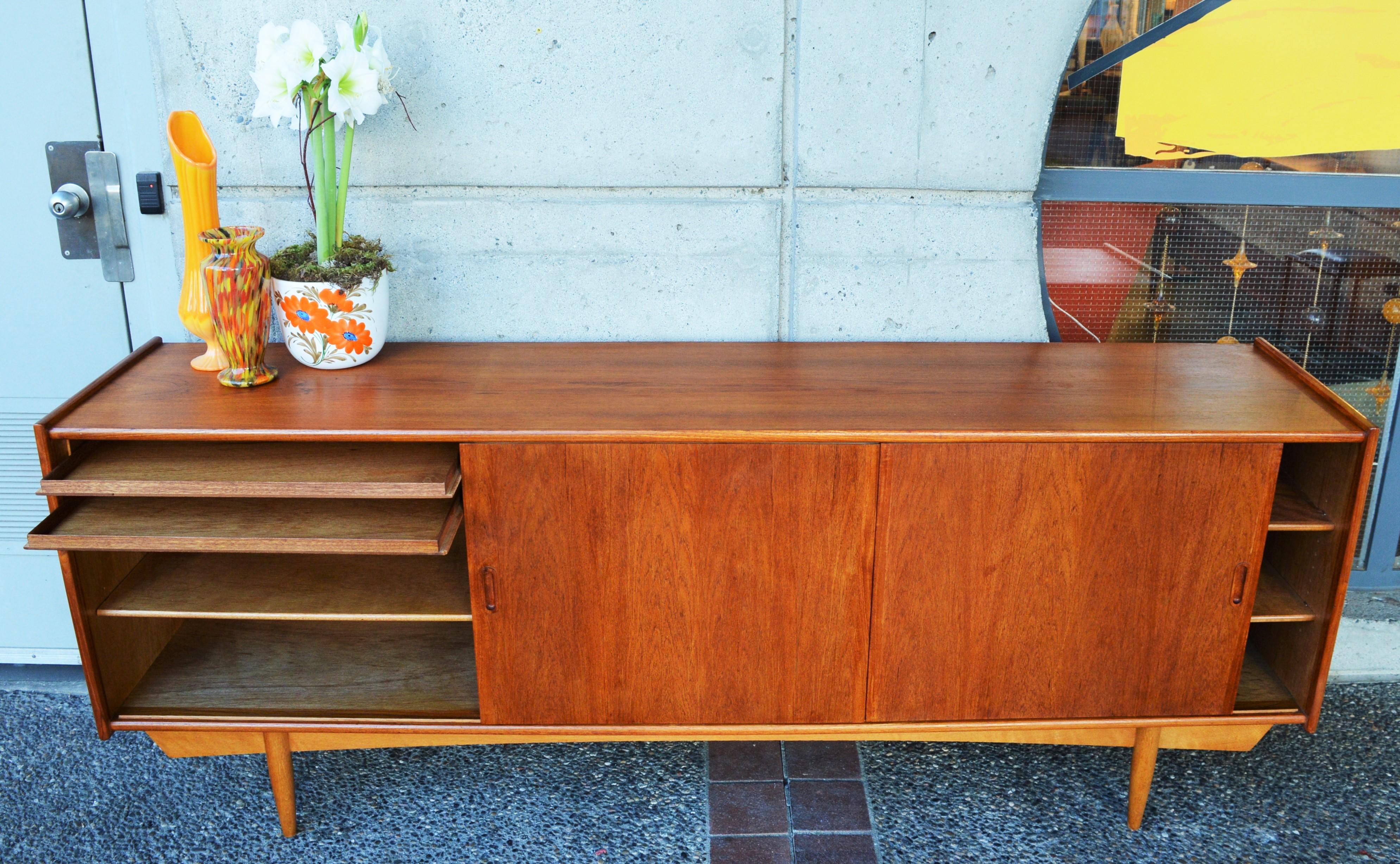 Danish Modern Teak Credenza with Louver Drawers and Oak Atomic Era Style Base 6