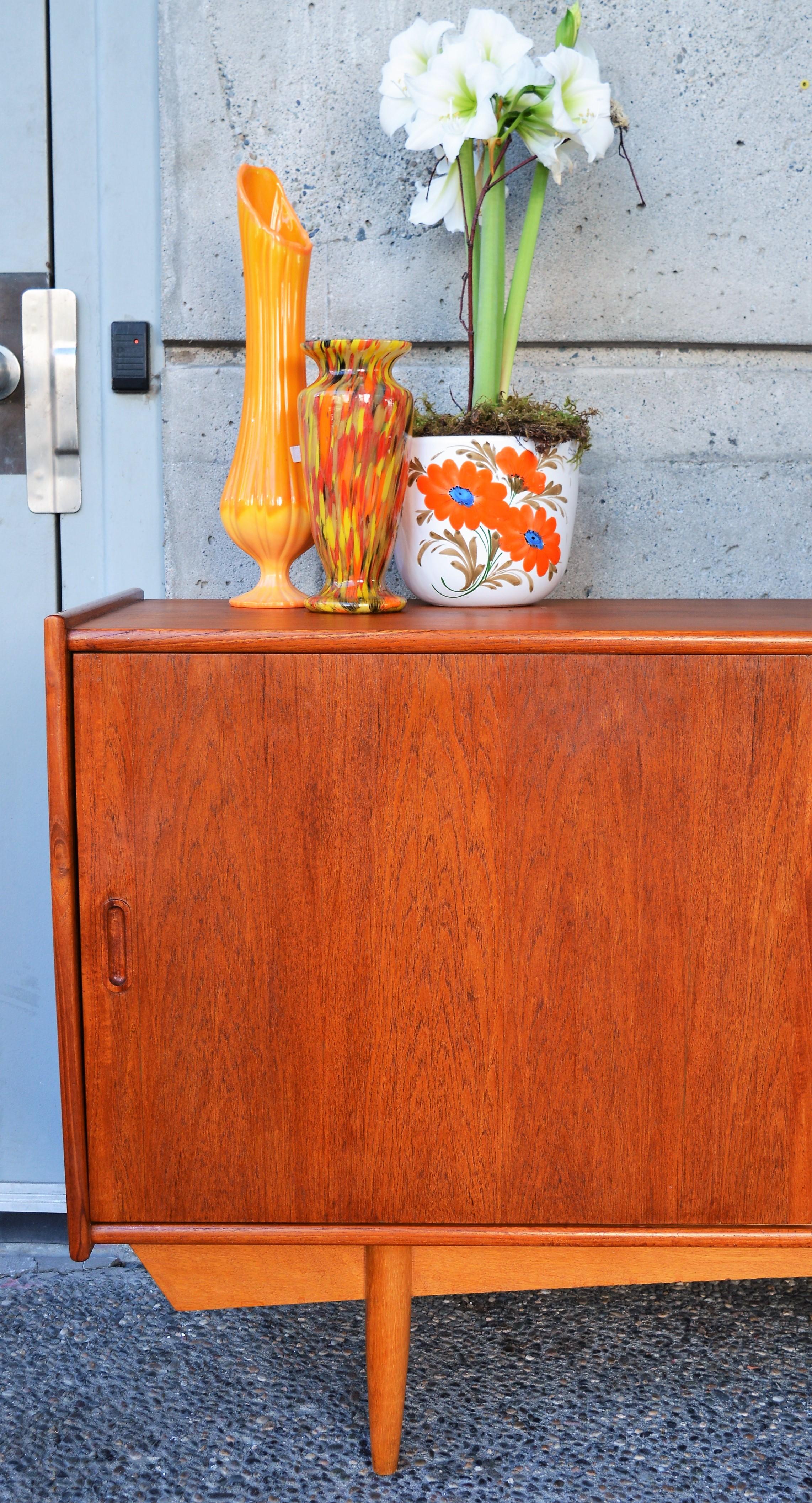 Mid-Century Modern Danish Modern Teak Credenza with Louver Drawers and Oak Atomic Era Style Base