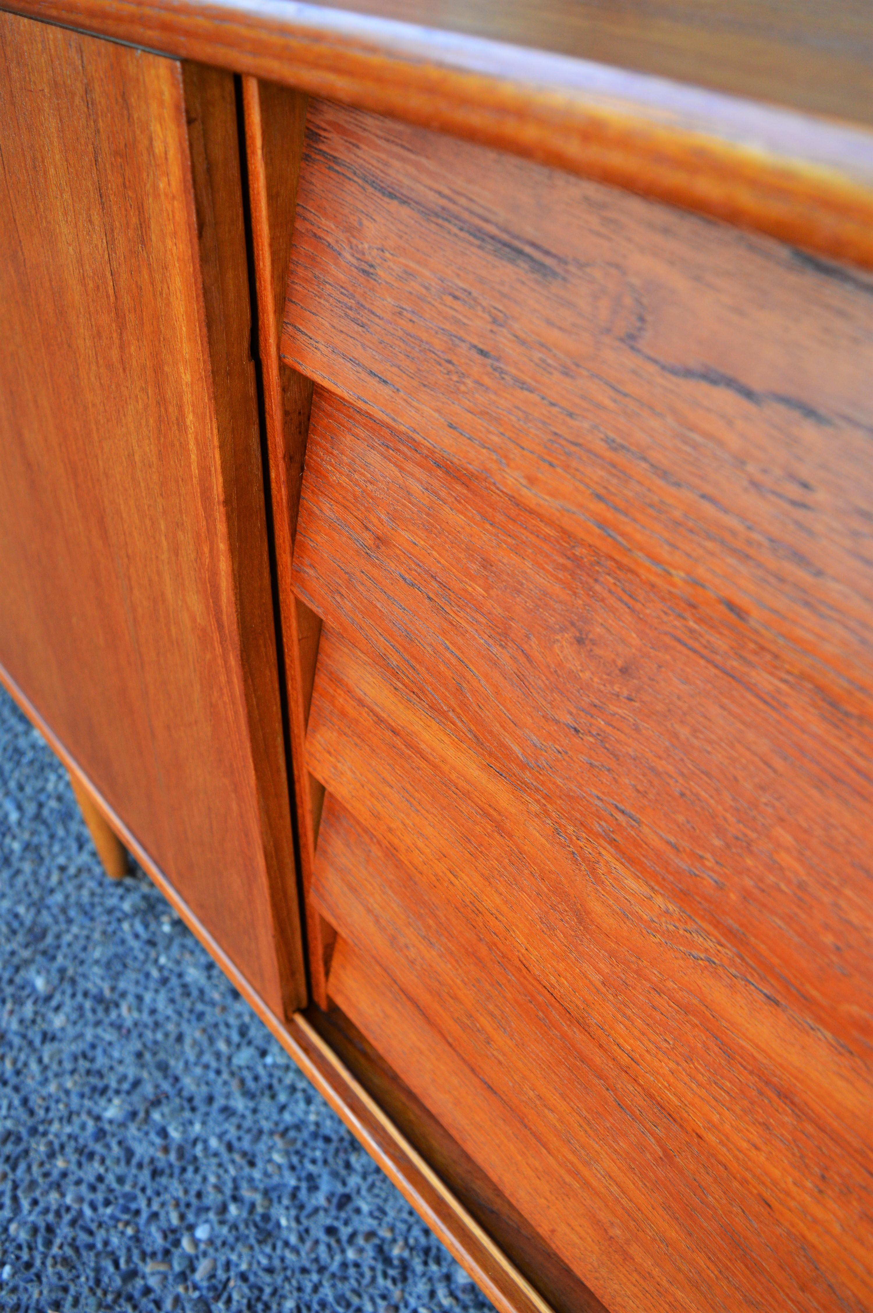 Scandinavian Danish Modern Teak Credenza with Louver Drawers and Oak Atomic Era Style Base