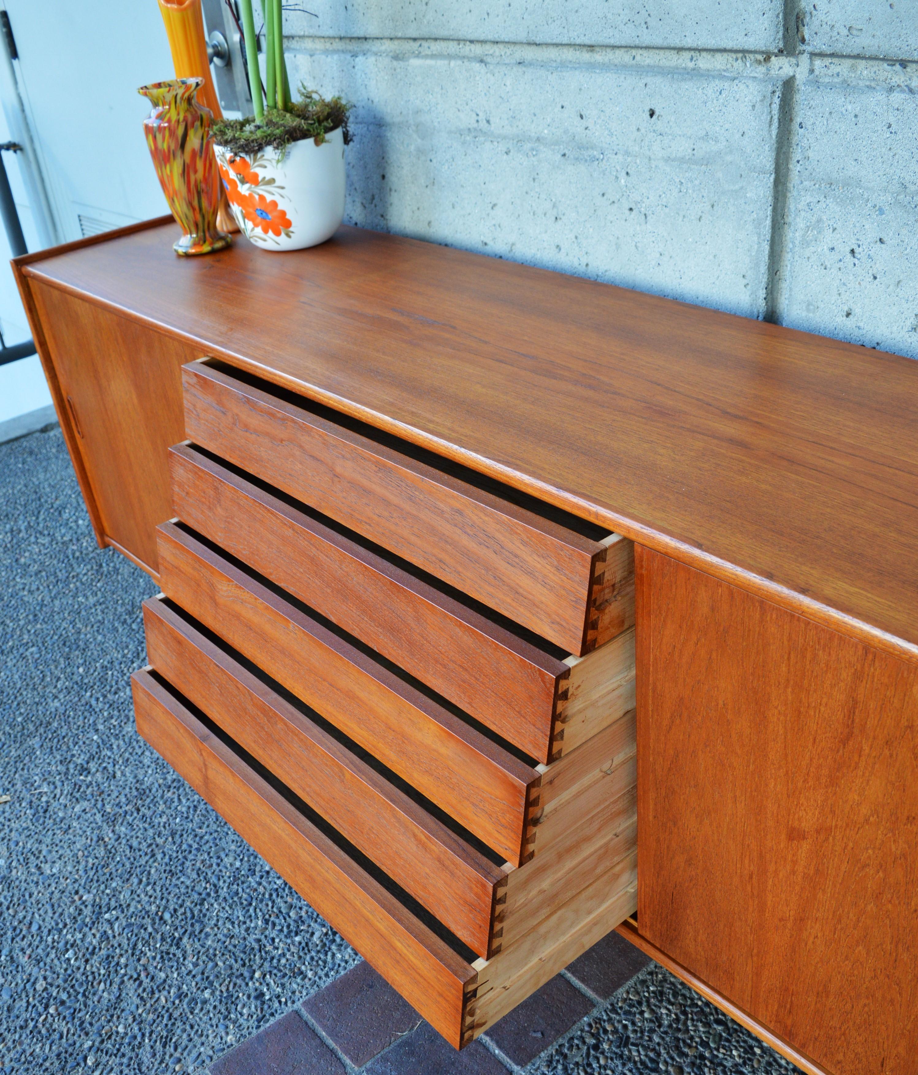 Mid-20th Century Danish Modern Teak Credenza with Louver Drawers and Oak Atomic Era Style Base