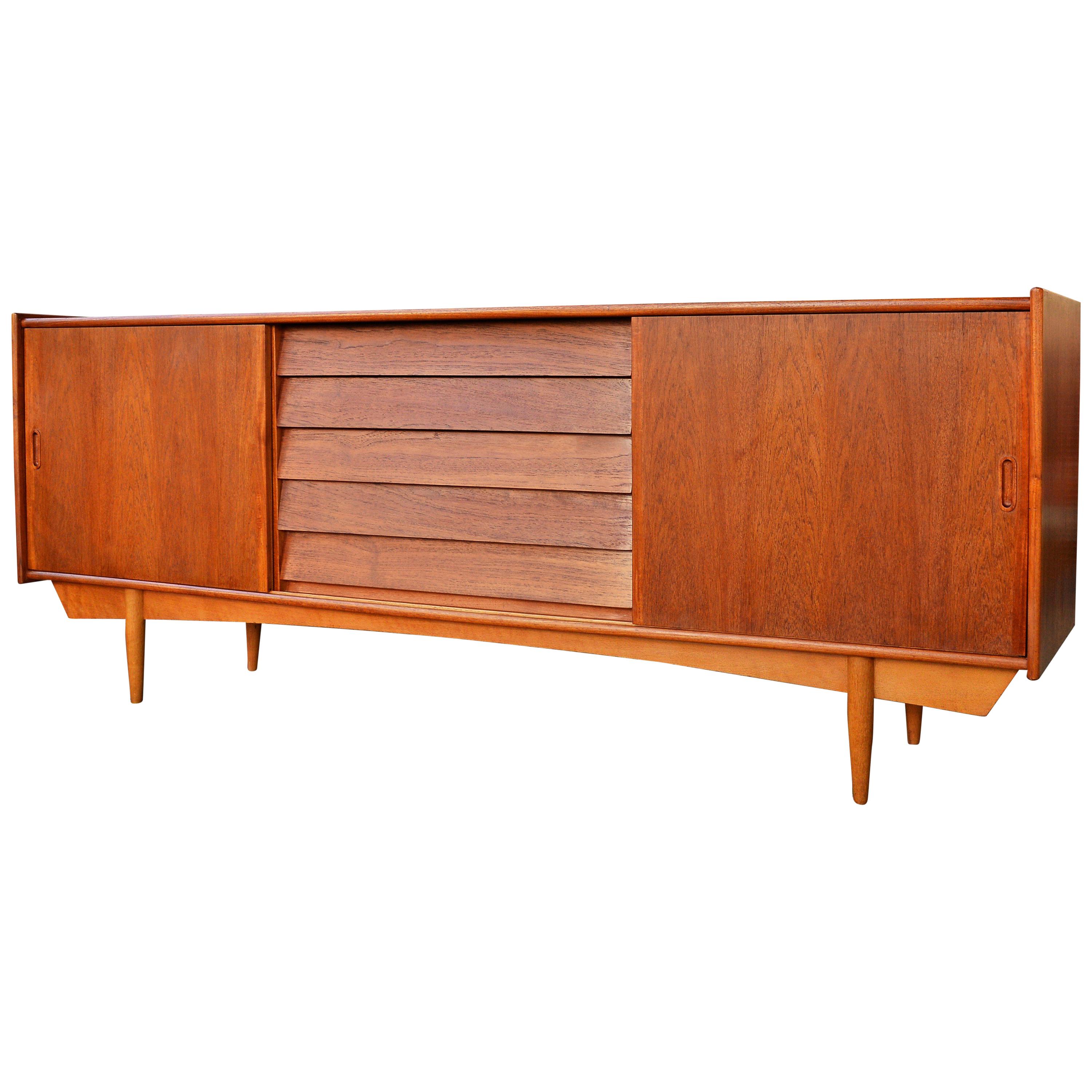 Danish Modern Teak Credenza with Louver Drawers and Oak Atomic Era Style Base