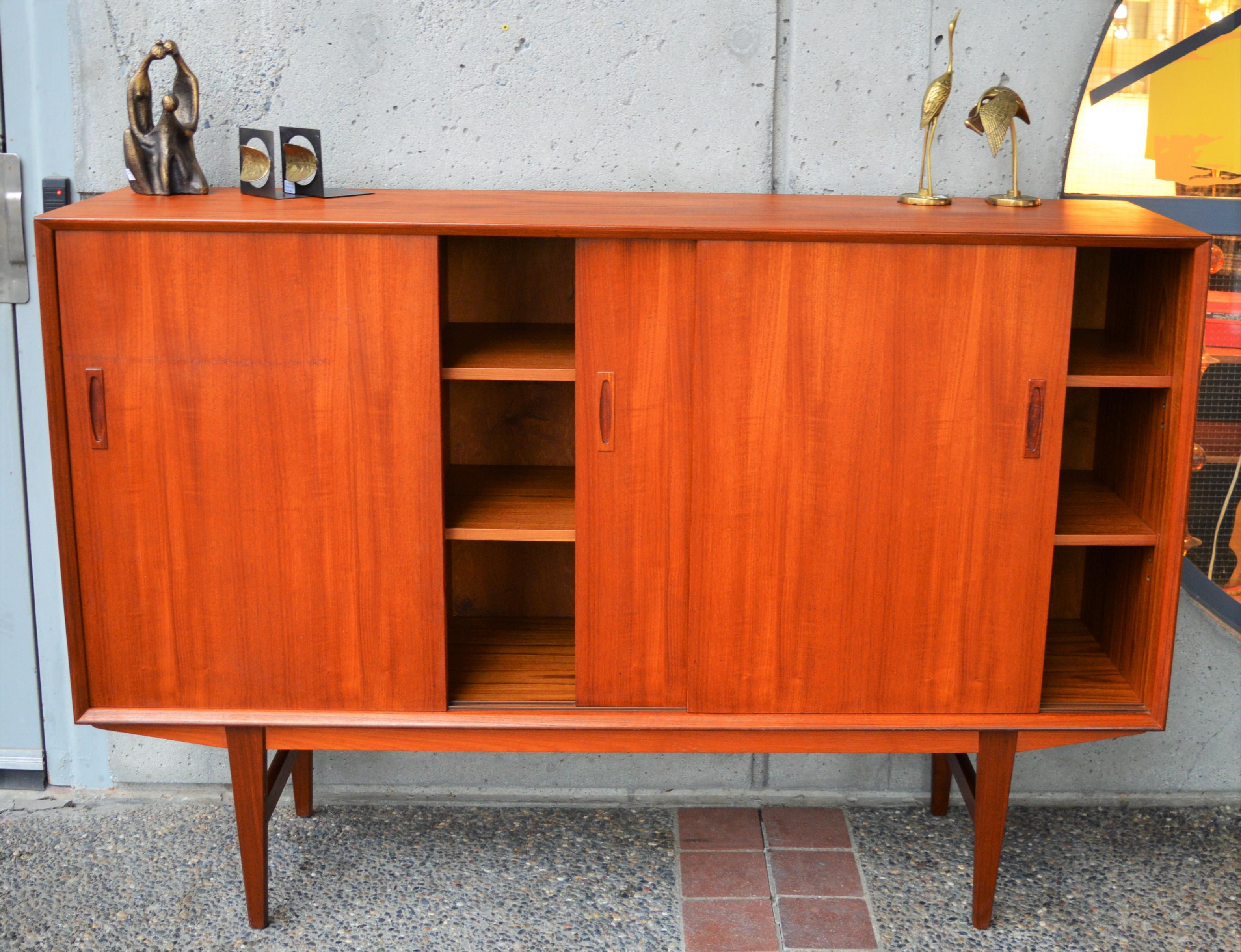 Mid-20th Century Danish Modern Teak Credenza with Sexy Mirrored Bar Tall Legs & Compact Size