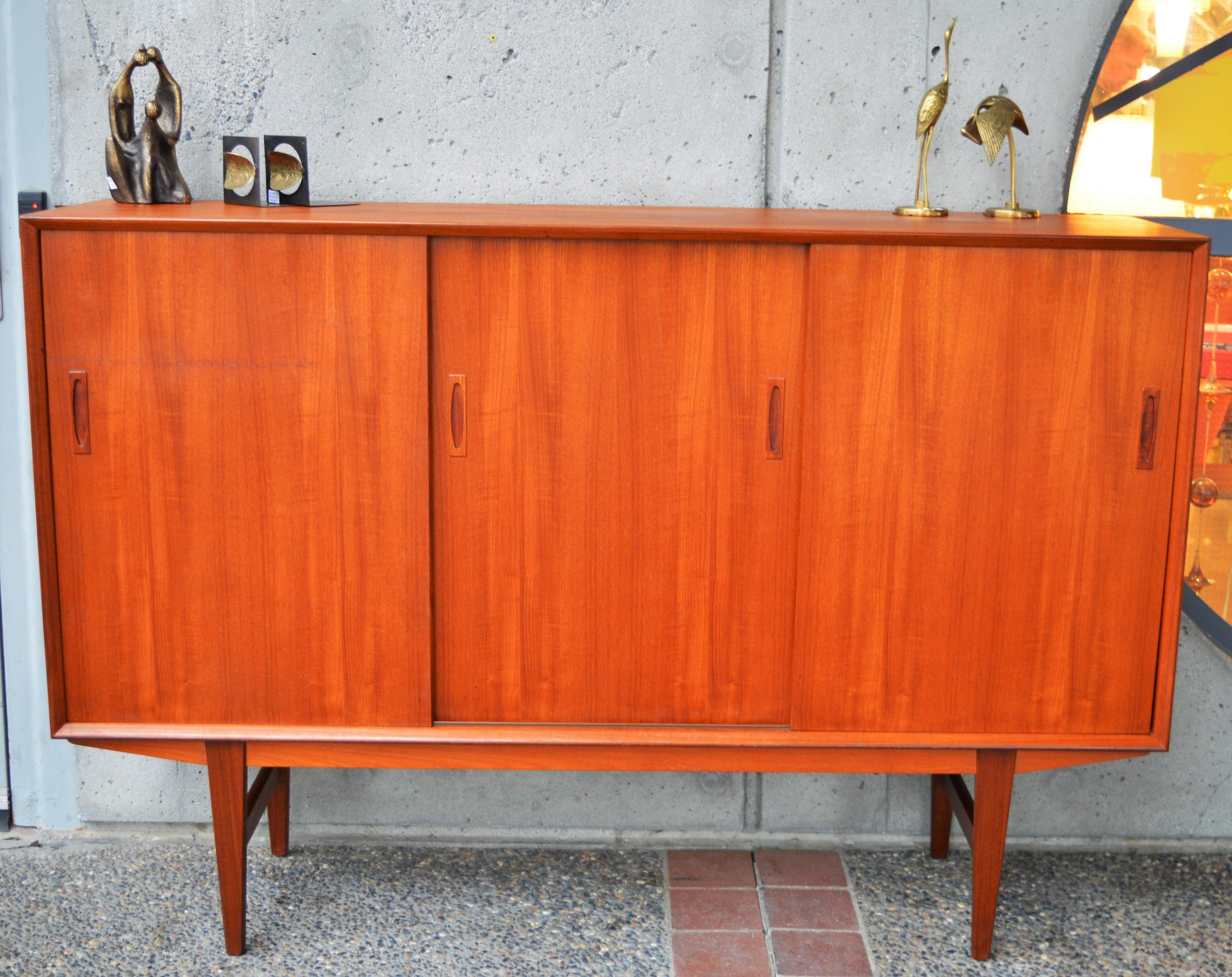 Danish Modern Teak Credenza with Sexy Mirrored Bar Tall Legs & Compact Size 2