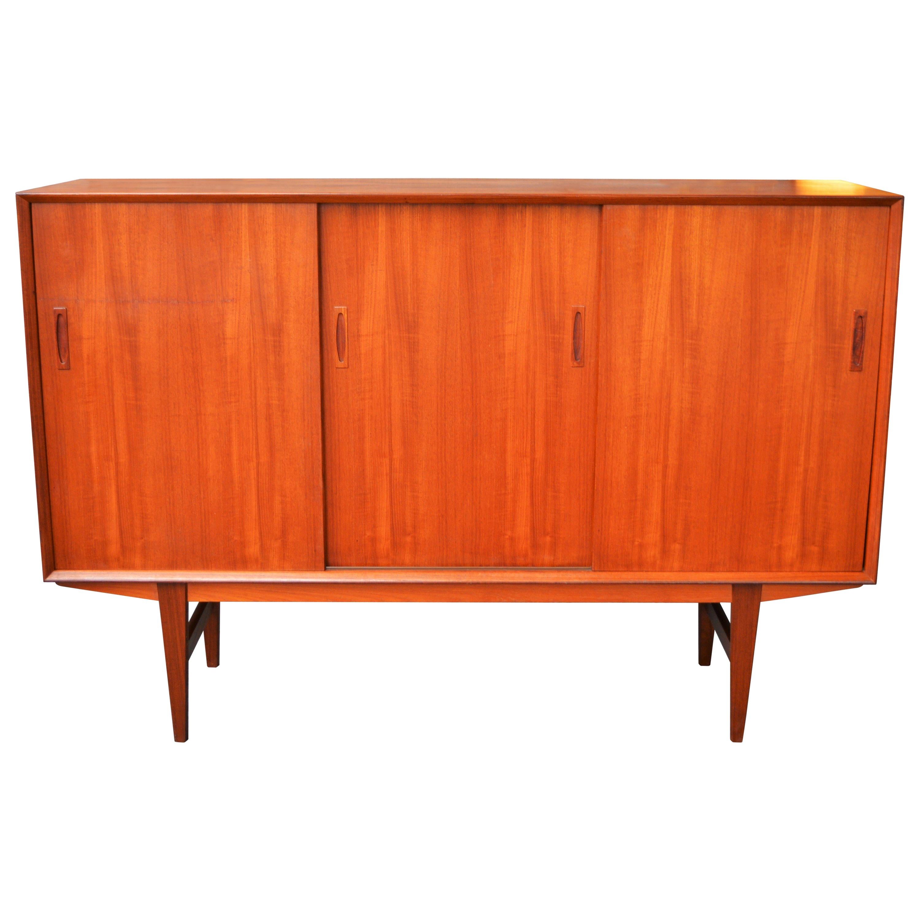 Danish Modern Teak Credenza with Sexy Mirrored Bar Tall Legs & Compact Size