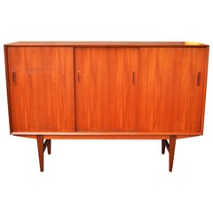 Danish Modern Teak Credenza with Sexy Mirrored Bar Tall Legs & Compact Size