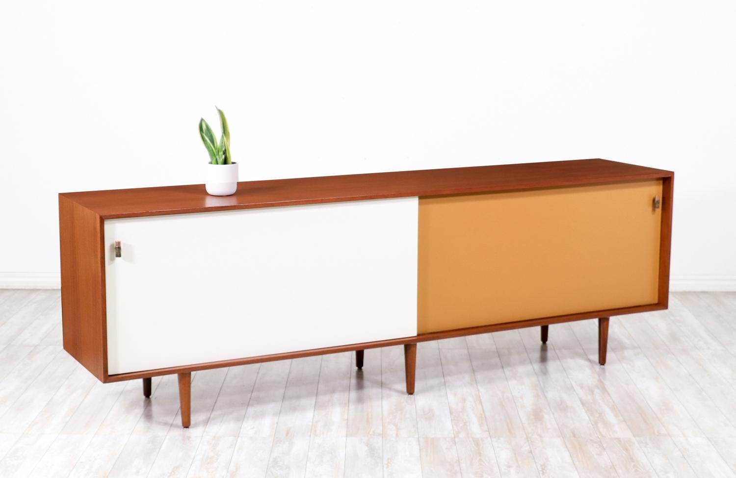 Mid-20th Century Expertly Restored - Danish Modern Teak Credenza with Two-Tone Lacquered-Doors For Sale