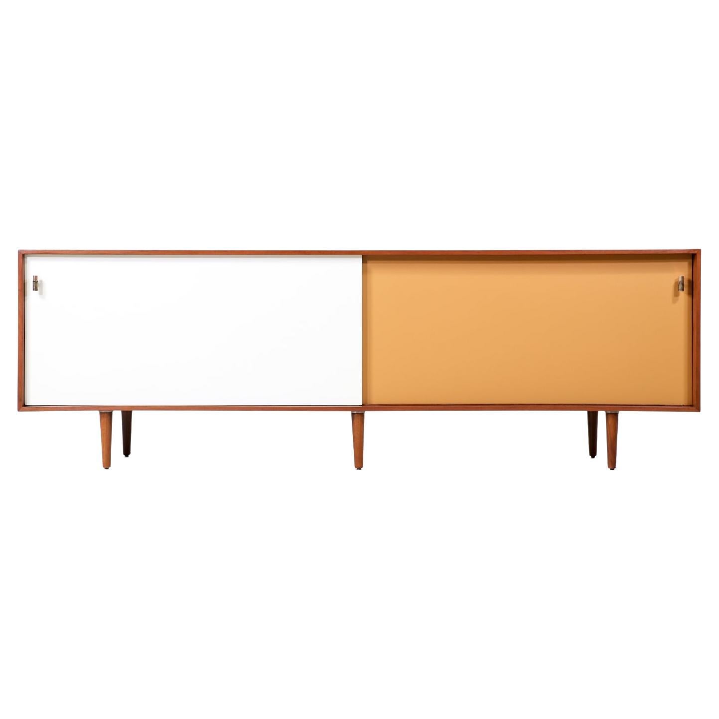 Expertly Restored - Danish Modern Teak Credenza with Two-Tone Lacquered-Doors For Sale