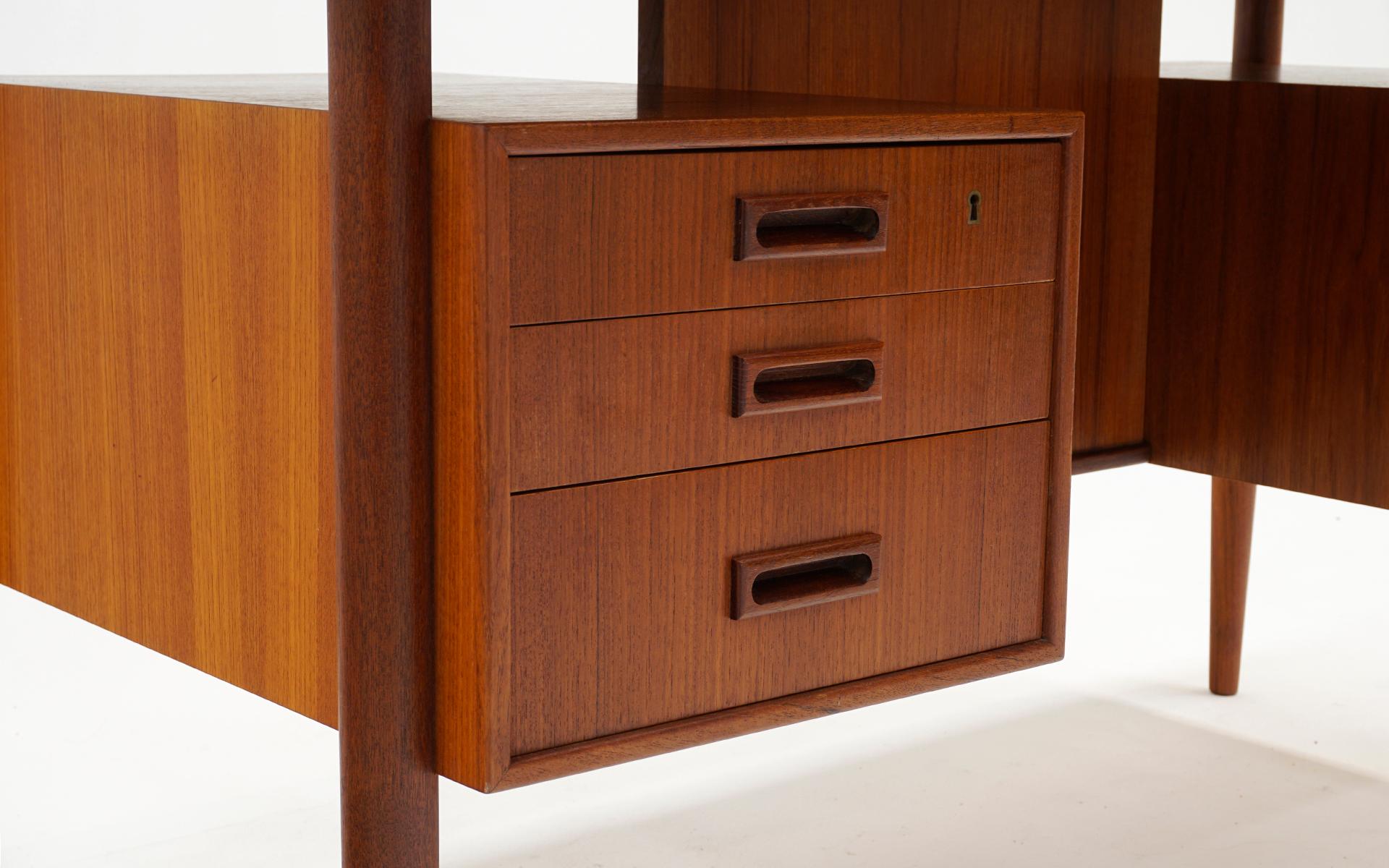 Danish Modern Teak Desk by H.P. Hansen, Floating Top, Drawers and Bookcase Front 1