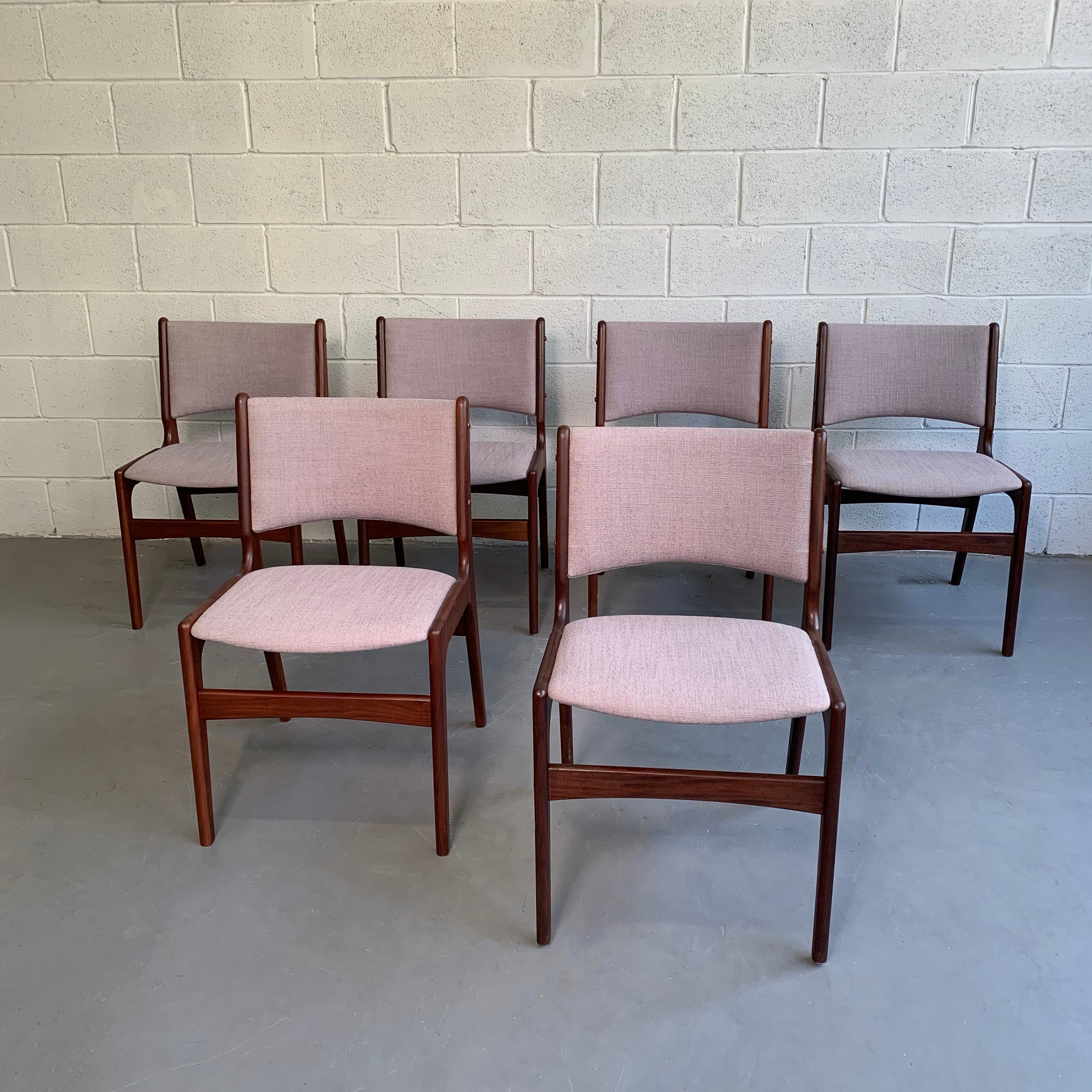 Set of six Danish modern dining chairs by Henning Kjaernulf feature sculpted teak frames and newly upholstered seats and backs in gray woven cotton linen blend.