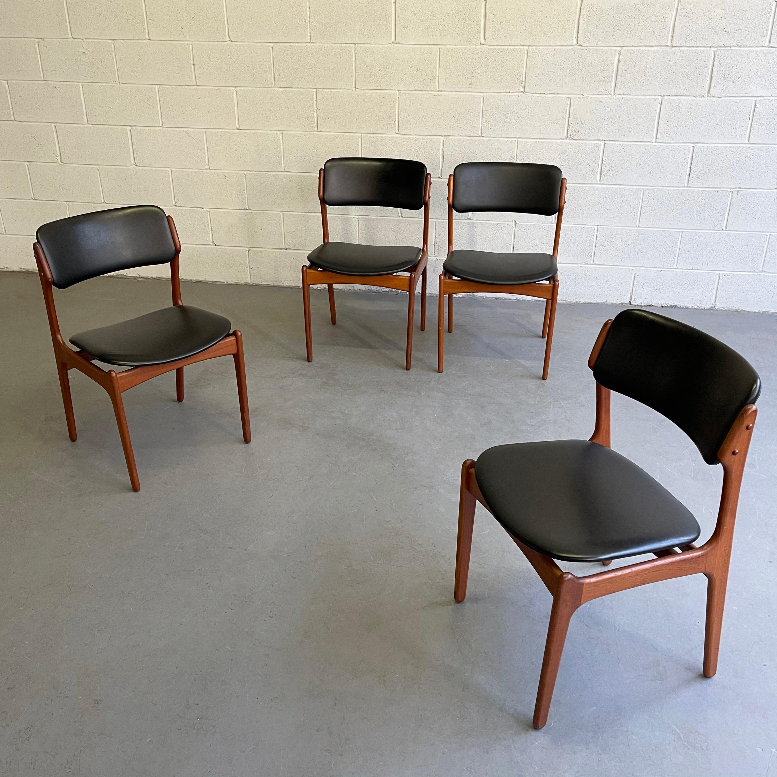 Set of 4 Danish modern, teak, model 49, dining chairs by Erik Buch for Odense Maskinsnedkeri, distributed by Maurice Villency with black textured leather upholstery. A 5th chair is available, sold separately.