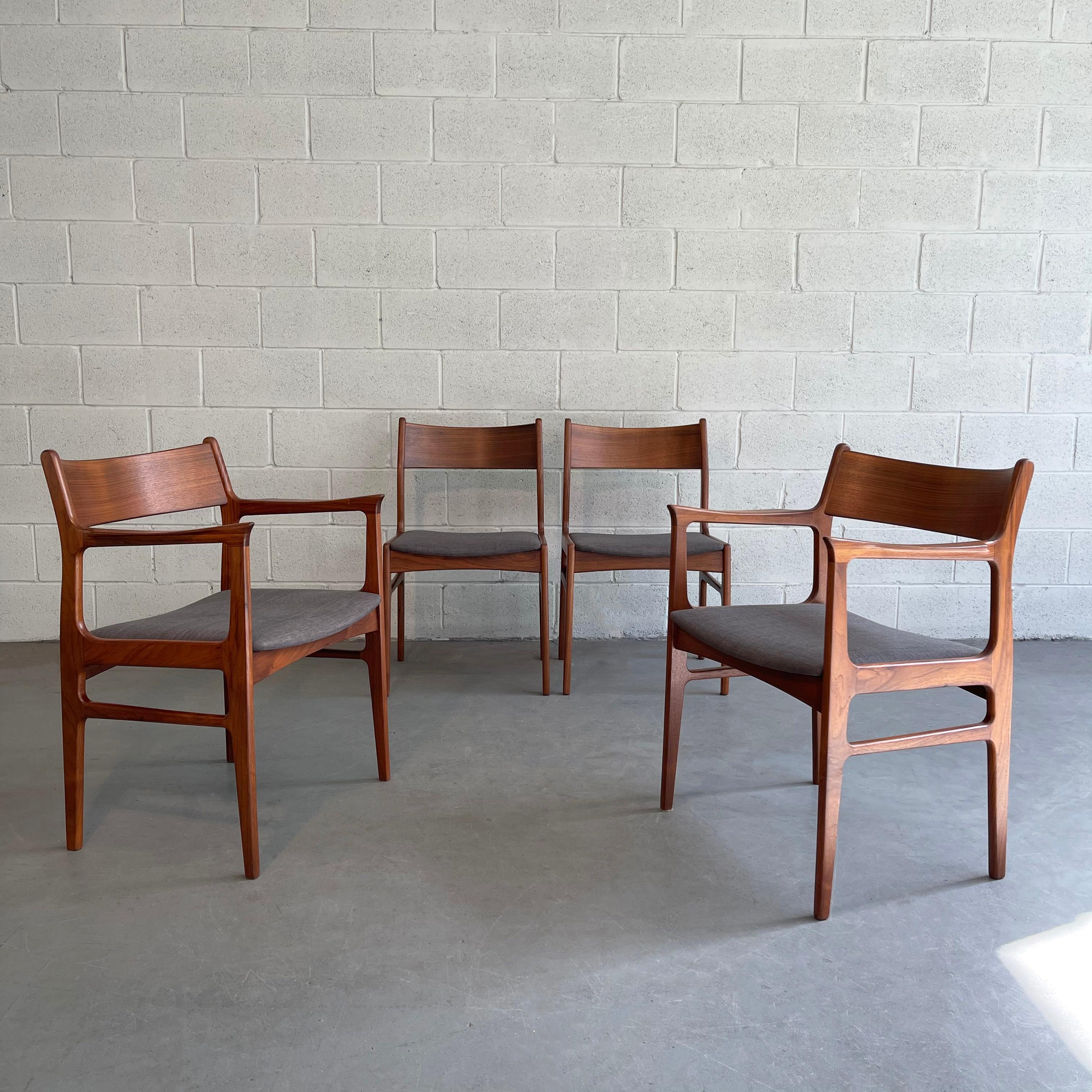 Scandinavian Modern, teak dining chair set by Funder-Schmidt & Madsen for Odense Mobelfabrik features 2 captain armchairs and 2 side chairs that measure 18.5