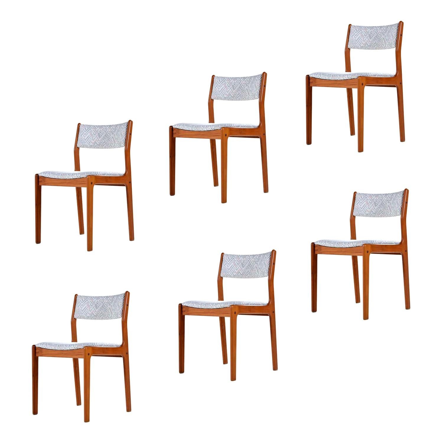 Danish Modern Teak Dining Chairs in White Gray and Pink Fabric