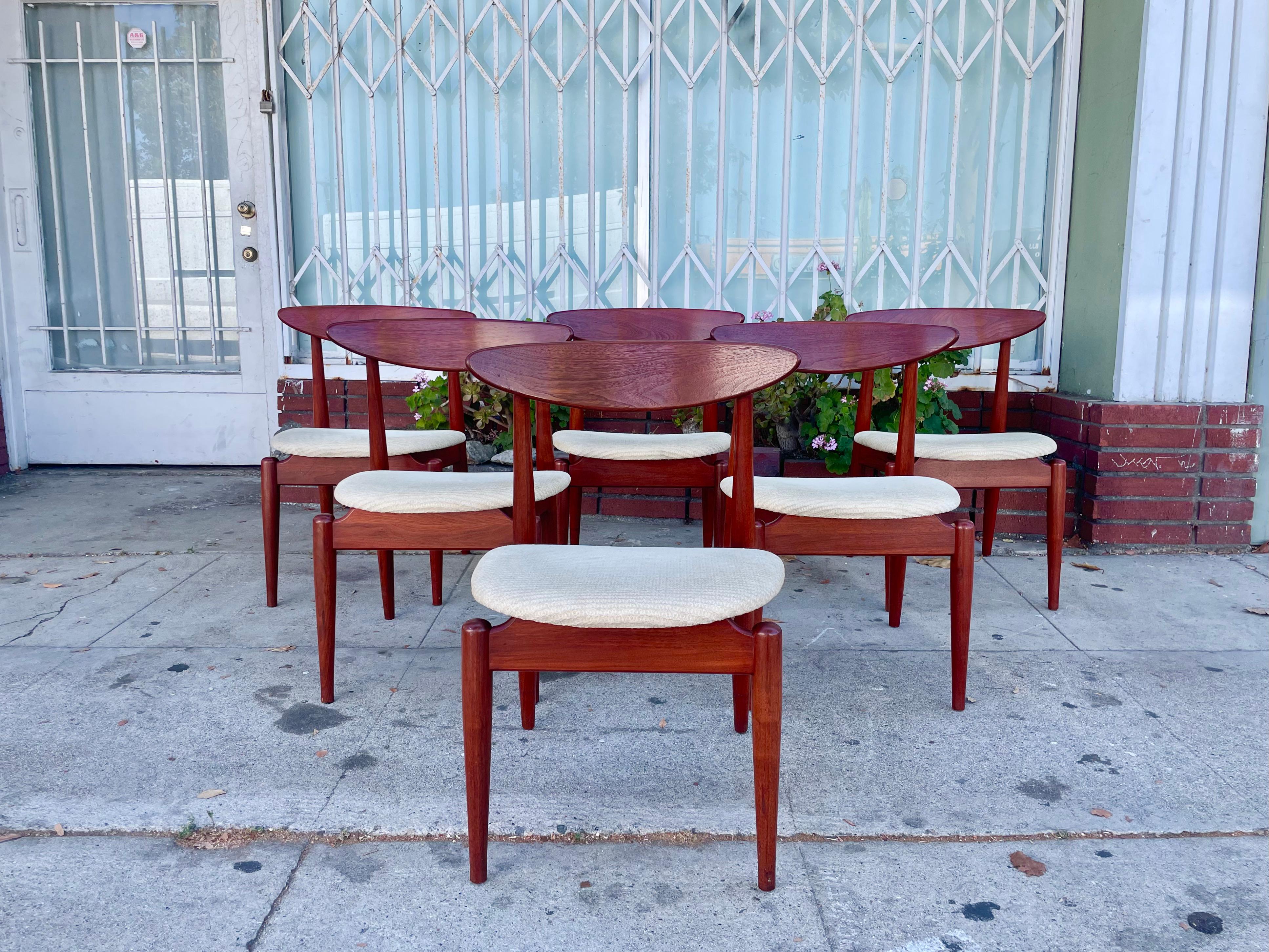 Vintage set of 6 mid-century teak dining chairs manufactured in Denmark circa 1960s. These Danish modern dining chairs were made of the highest quality teak, giving them an excellent color tone. The chairs also feature a wide backrest giving a great