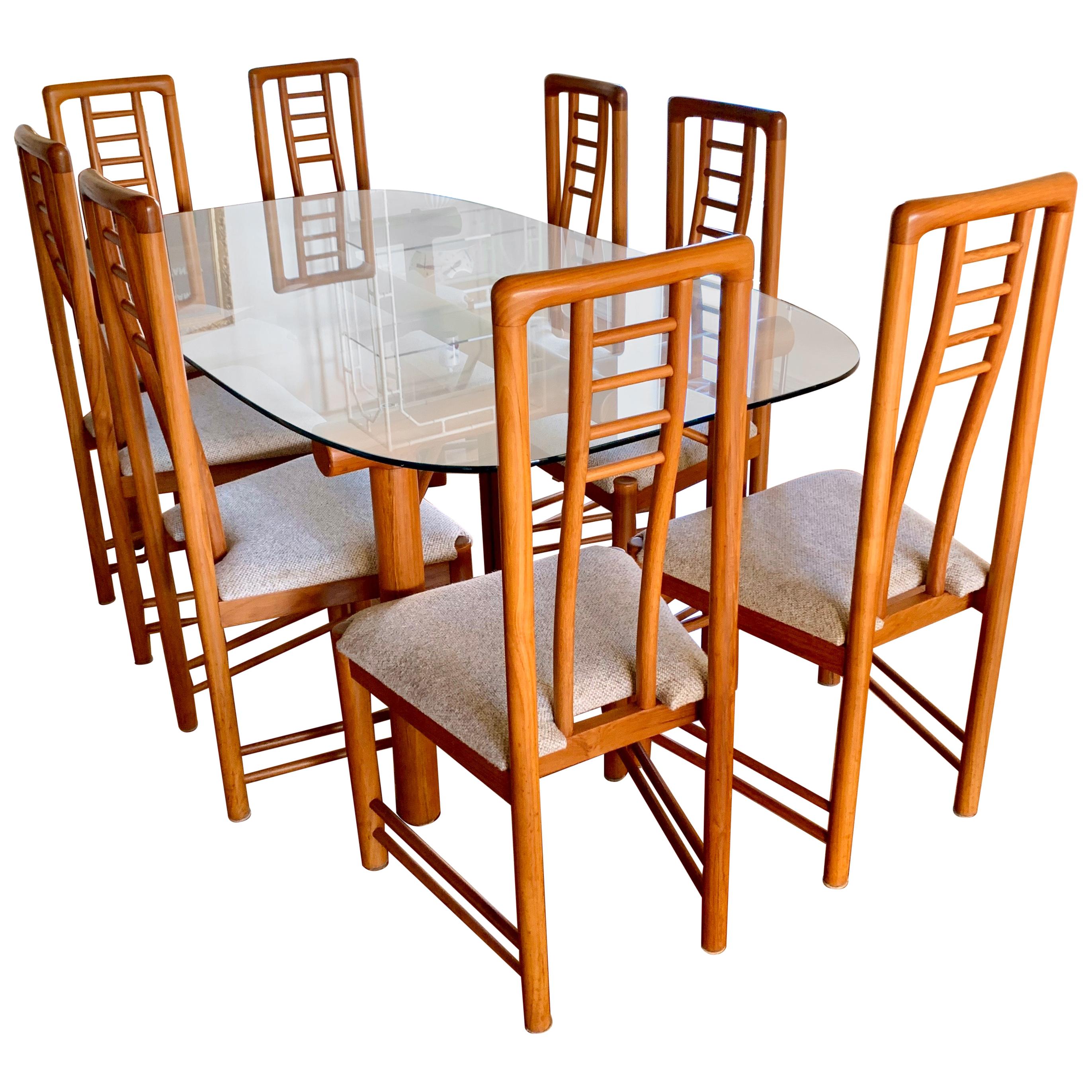 Danish Modern Teak Dining Set Glass Table & Matching Set of 8 Ladderback Chairs