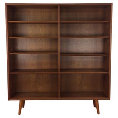 Danish Modern Teak Double Bookcase with Adjustable Shelves & Tapered Legs