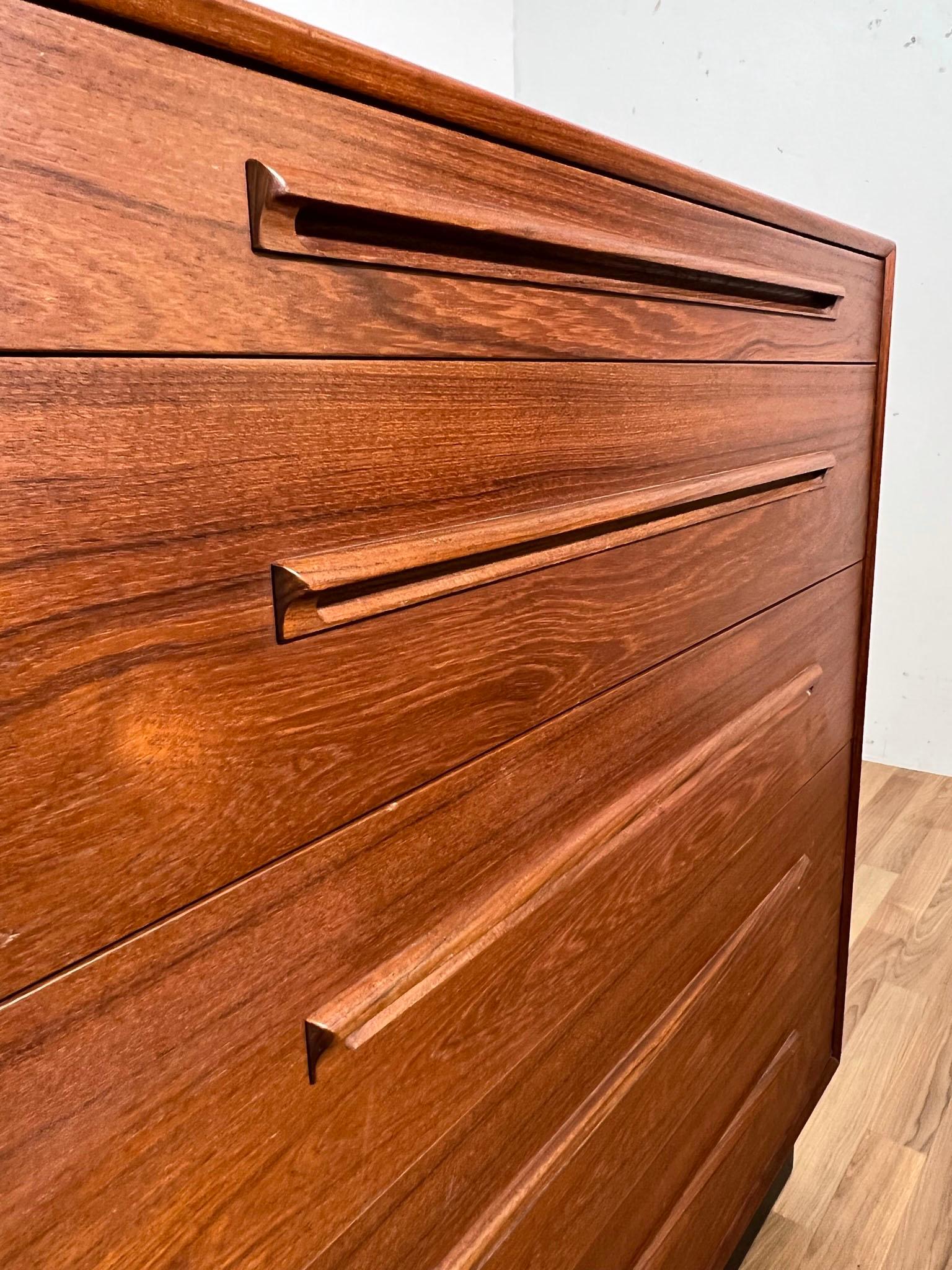 Danish Modern Teak Five Drawer High Boy Dresser by Westnofa, Norway, Ca. 1970s In Good Condition In Peabody, MA