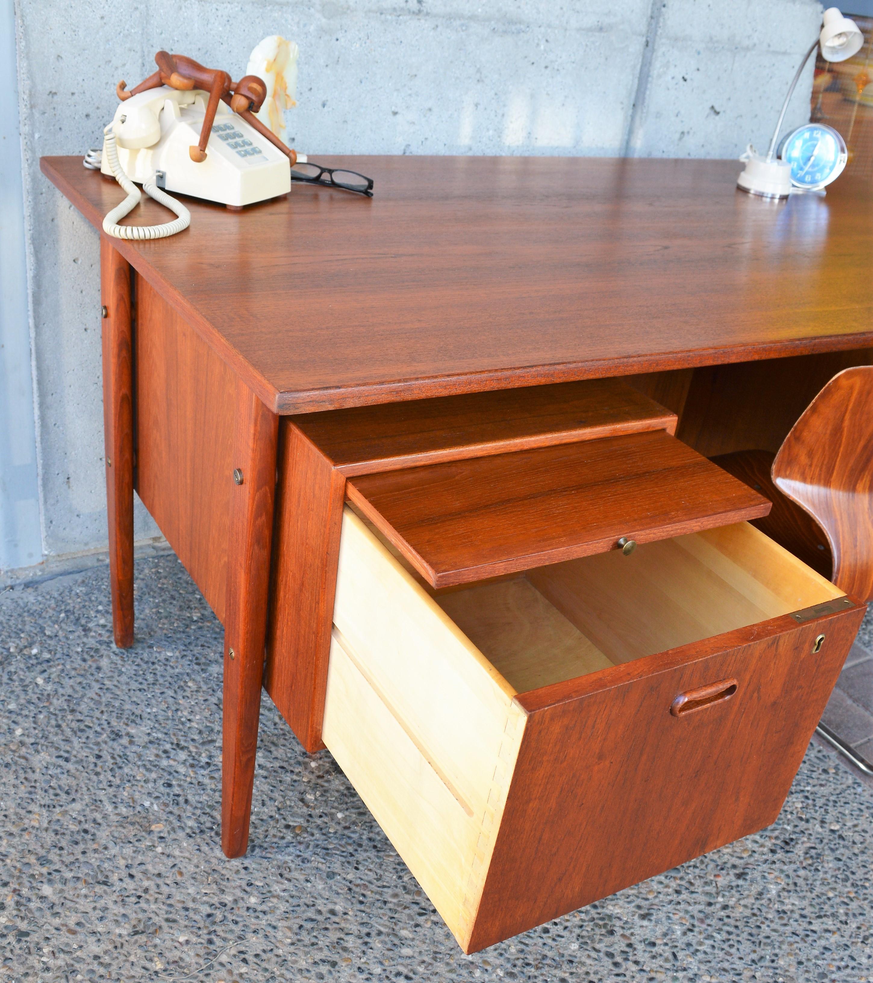 Danish Modern Teak Floating Top Executive Desk, File Drawer, Back Shelf, Key 3