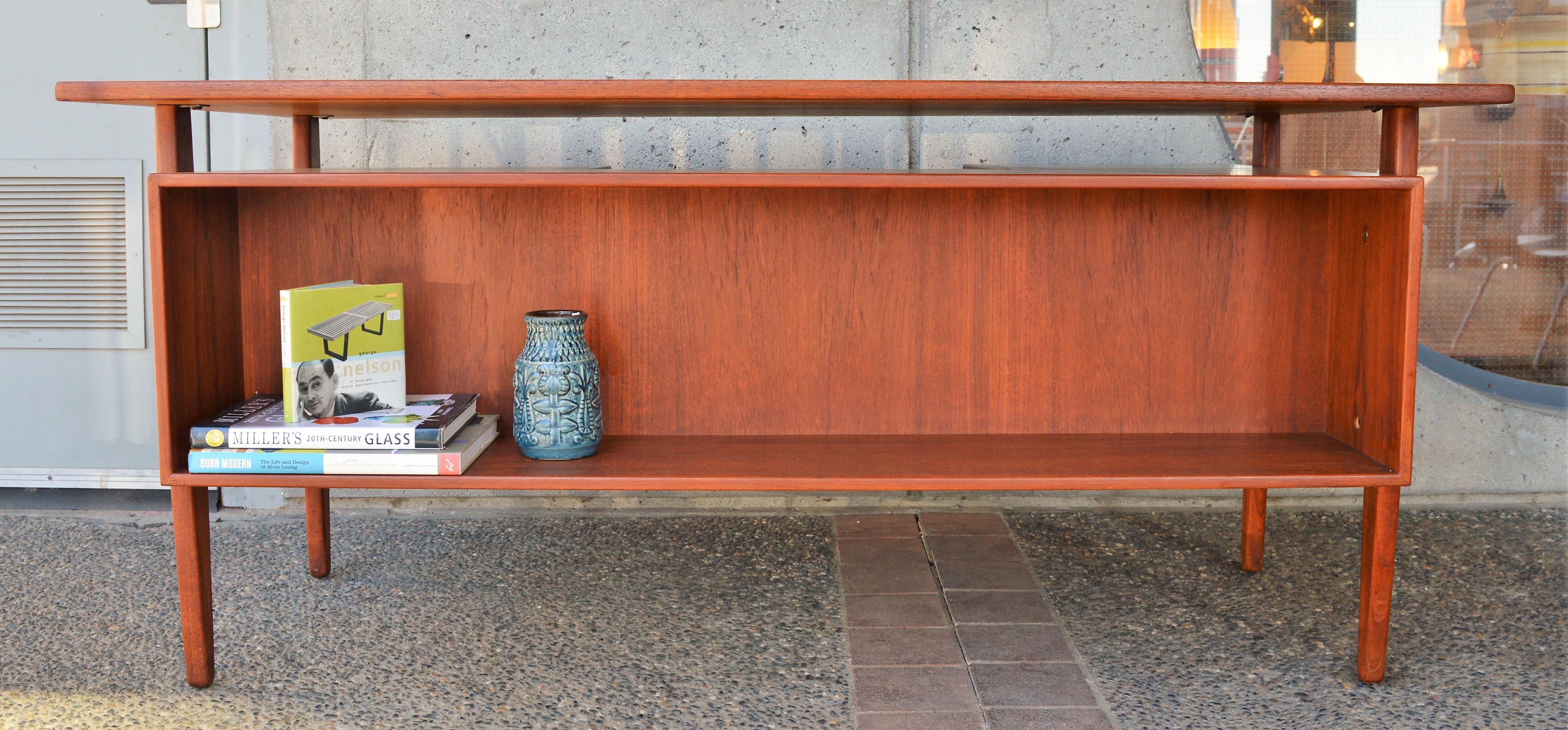 Danish Modern Teak Floating Top Executive Desk, File Drawer, Back Shelf, Key 4