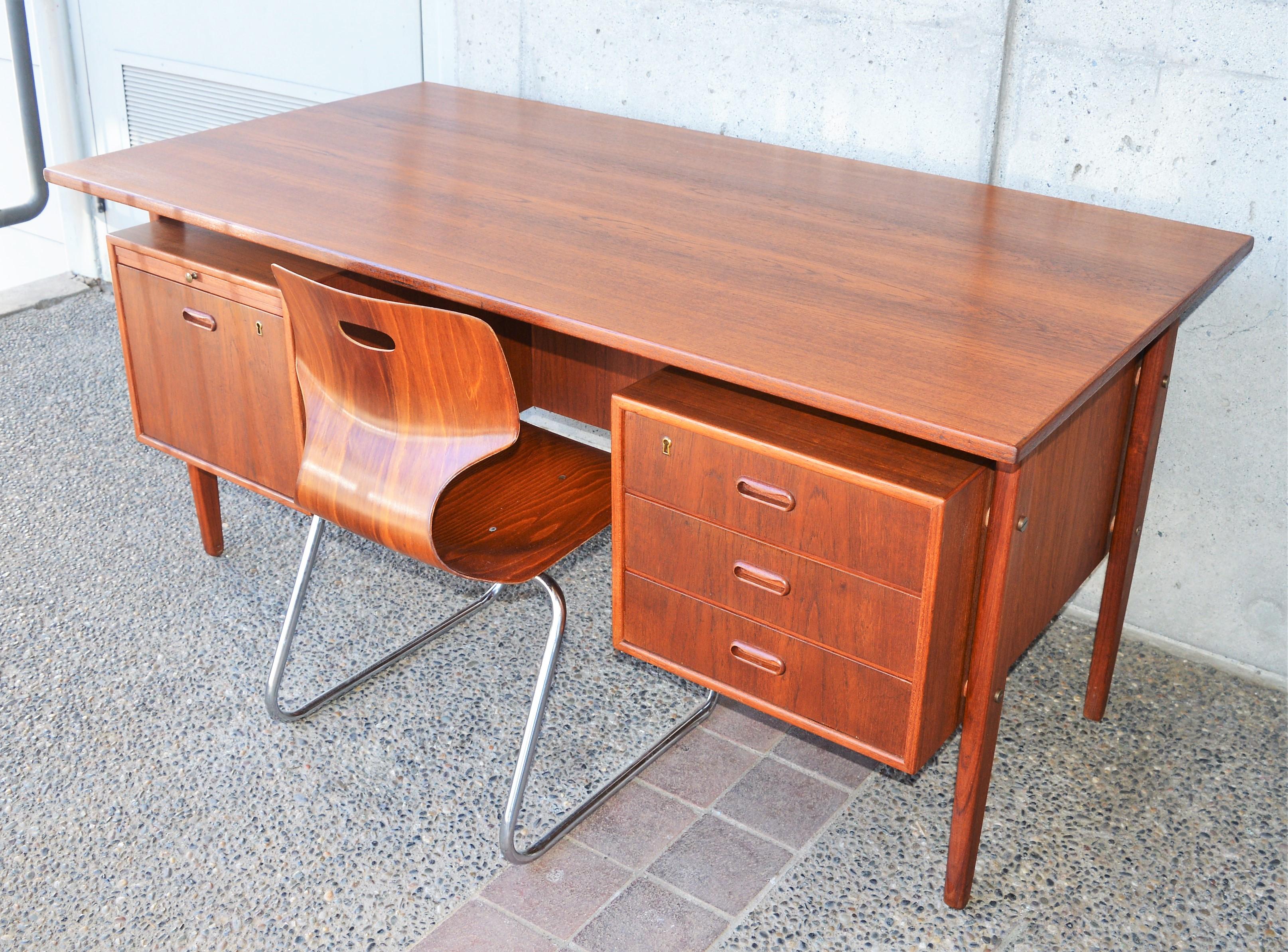 Danish Modern Teak Floating Top Executive Desk, File Drawer, Back Shelf, Key 7