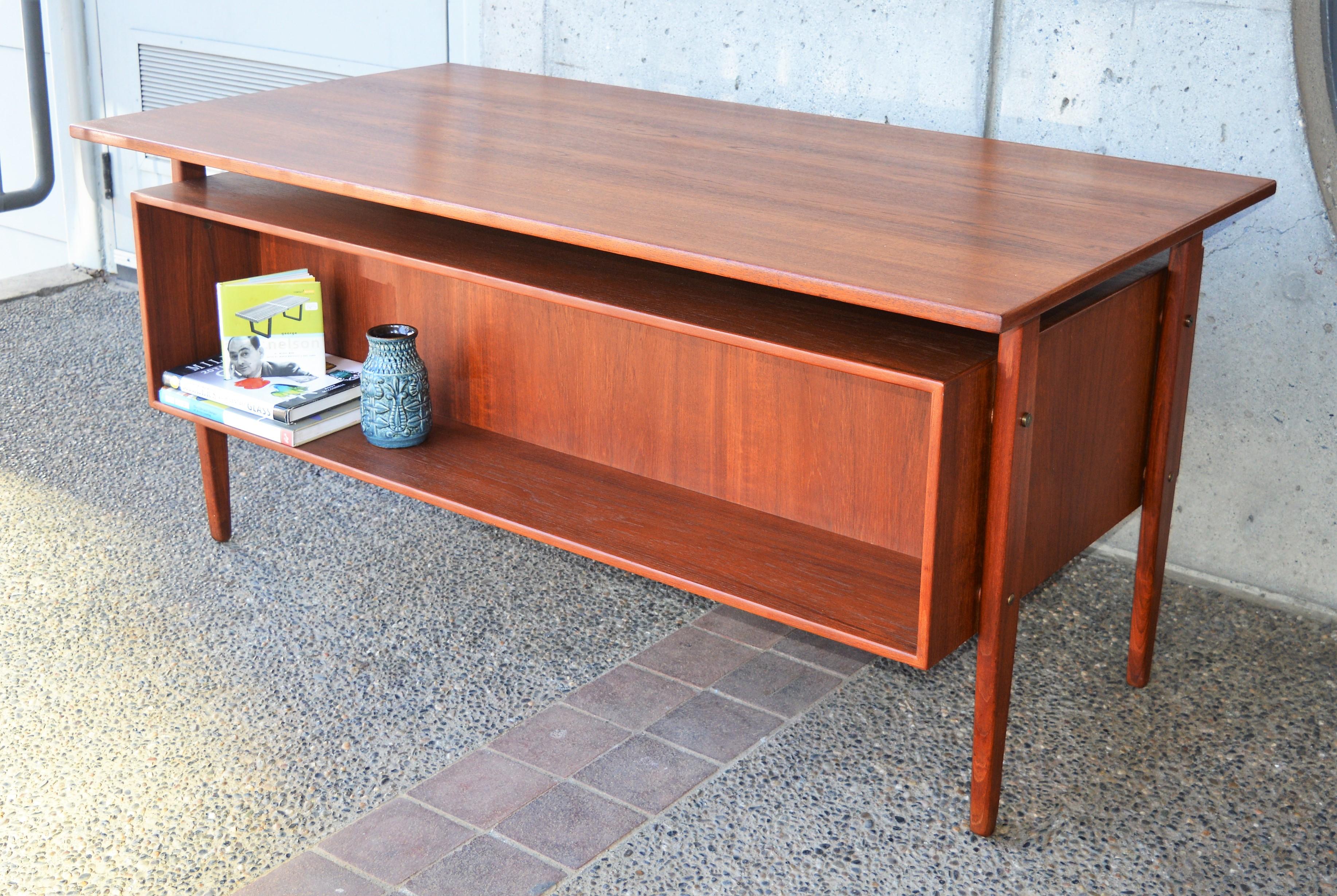 Mid-20th Century Danish Modern Teak Floating Top Executive Desk, File Drawer, Back Shelf, Key