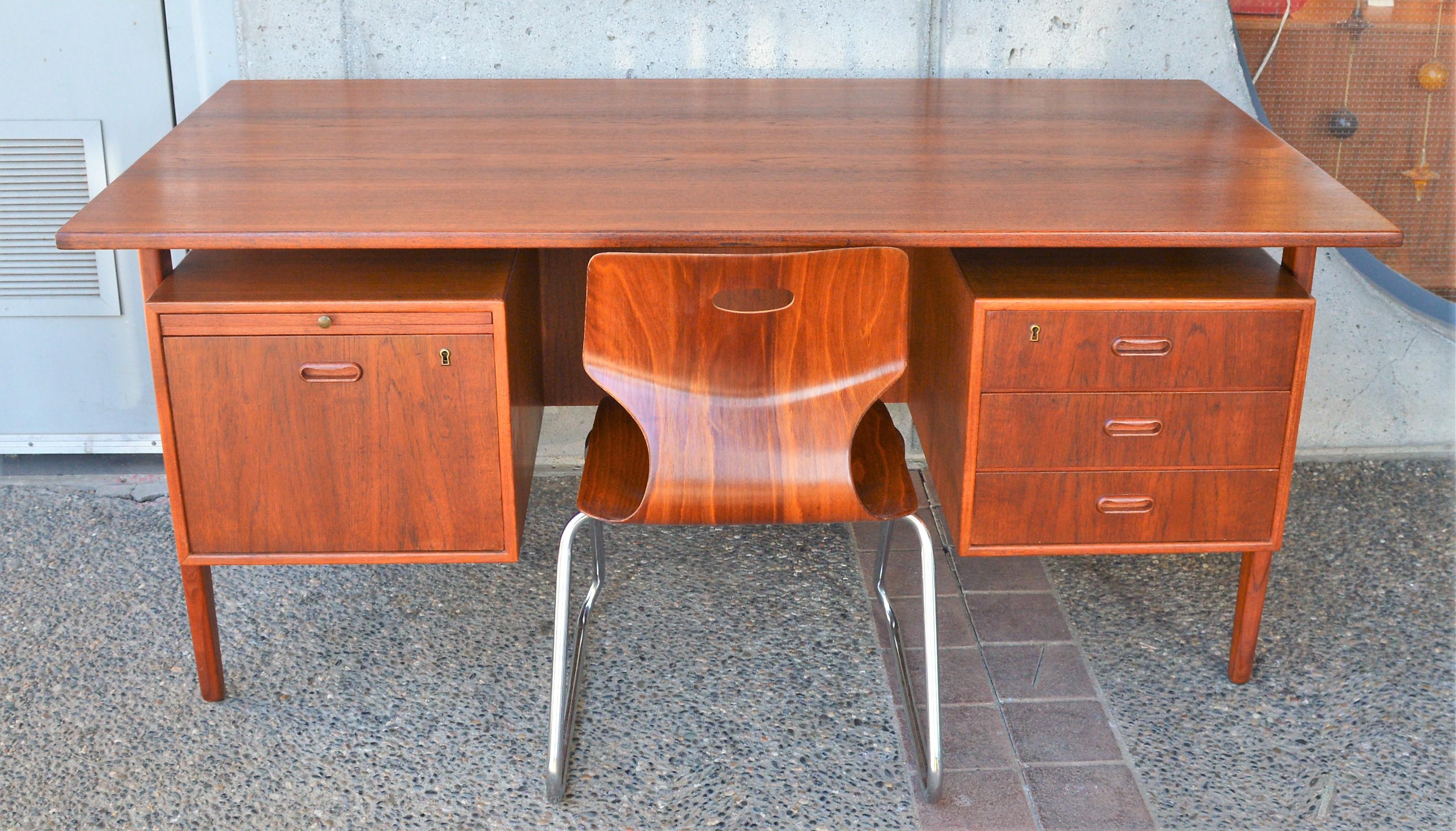 Beech Danish Modern Teak Floating Top Executive Desk, File Drawer, Back Shelf, Key