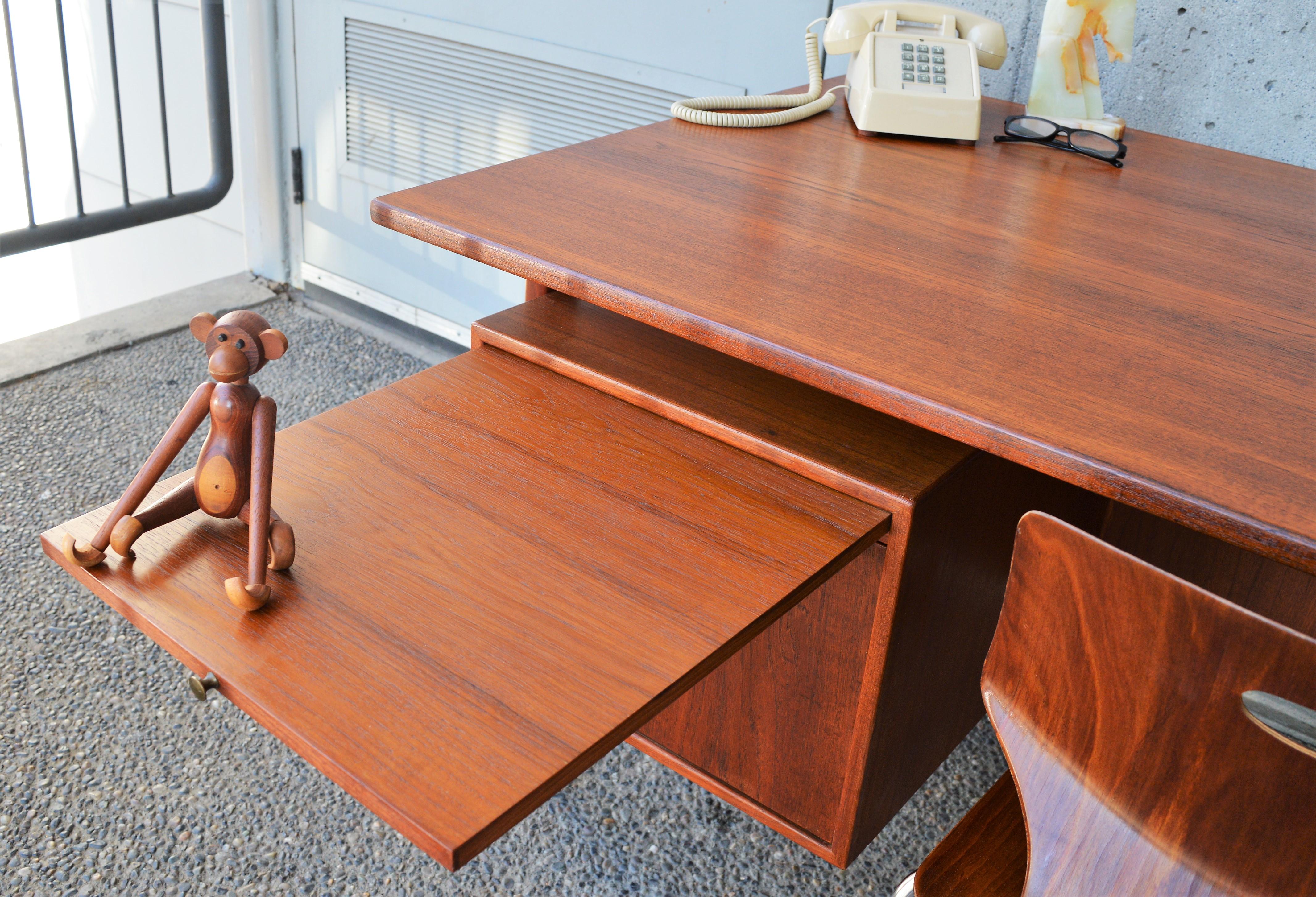 Danish Modern Teak Floating Top Executive Desk, File Drawer, Back Shelf, Key 1