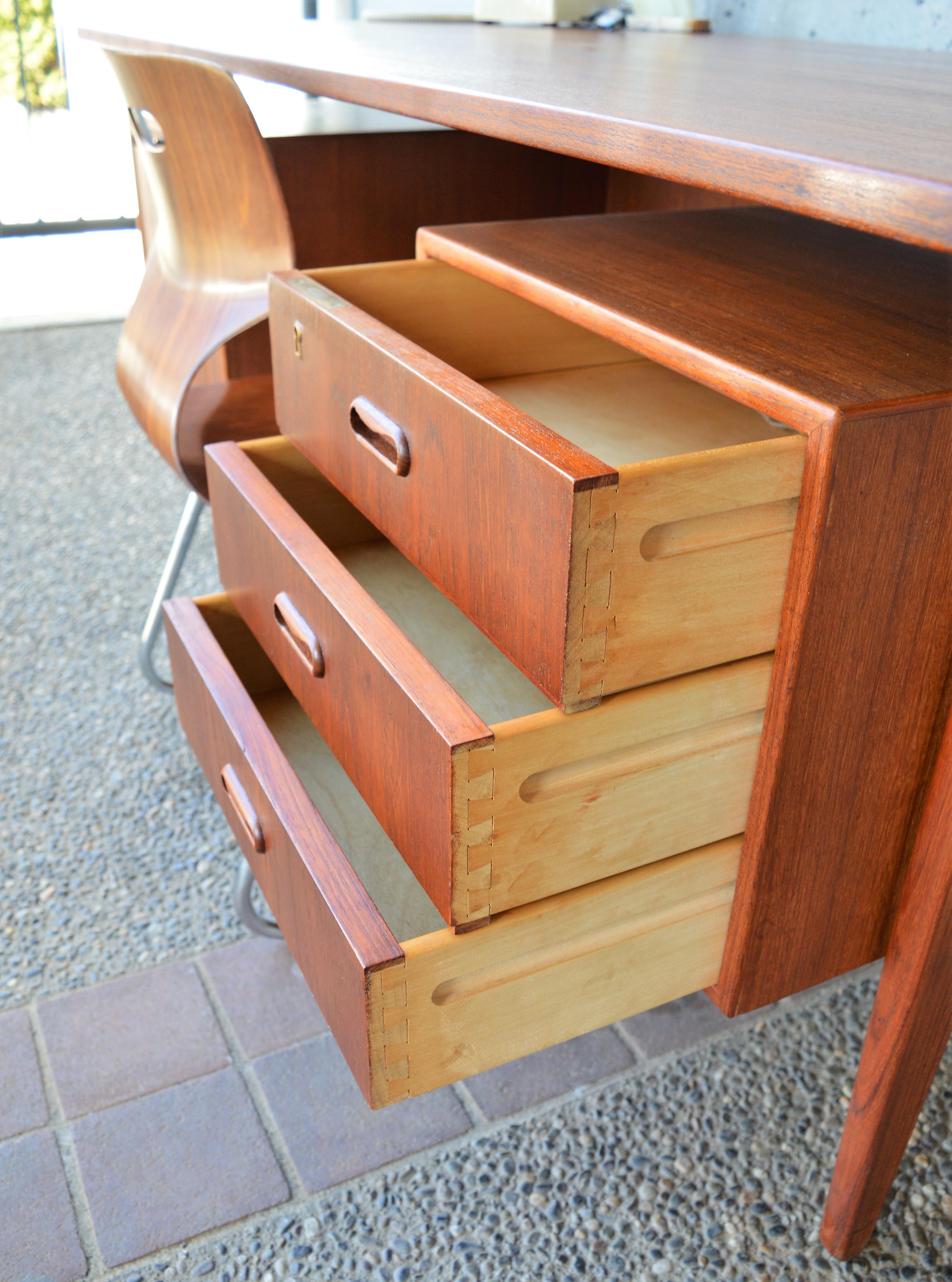 Danish Modern Teak Floating Top Executive Desk, File Drawer, Back Shelf, Key 2