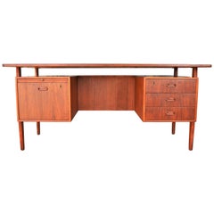Danish Modern Teak Floating Top Executive Desk, File Drawer, Back Shelf, Key
