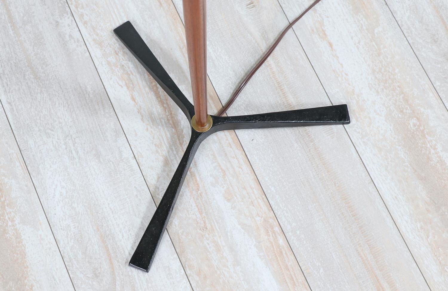 Linen Danish Modern Teak Floor Lamp with Tripod Iron Base