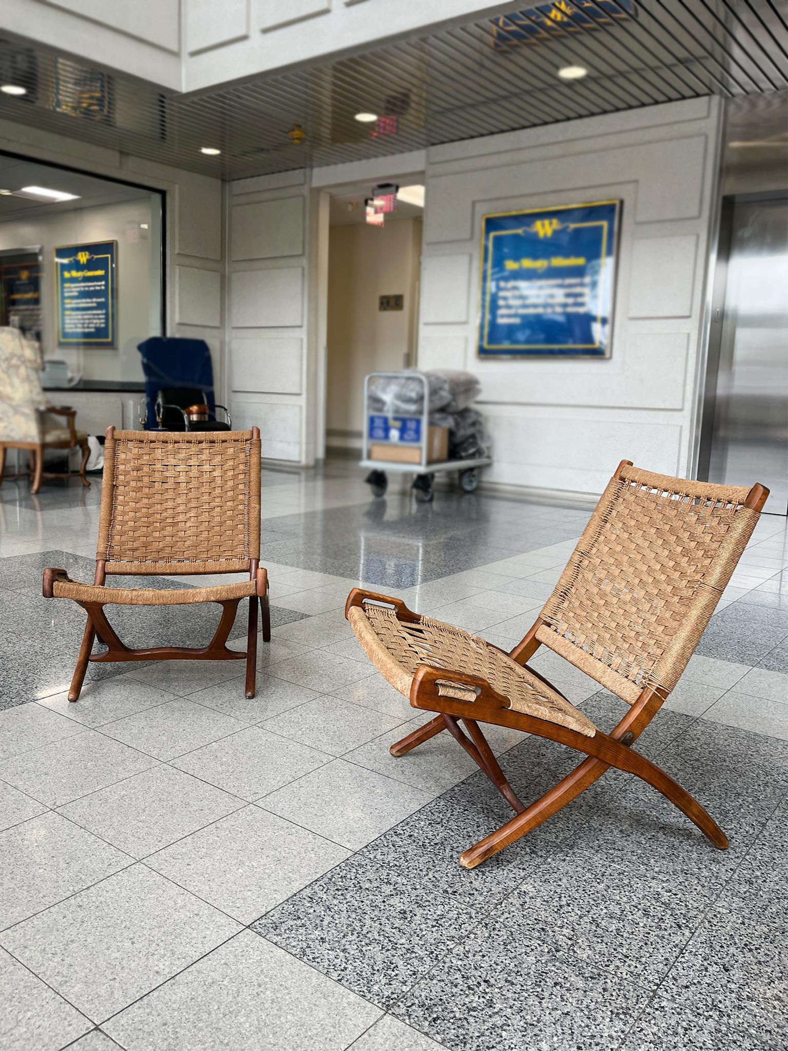 Rope Danish Modern Teak Folding Chairs in the Style of Ebert Wels - A Pair For Sale