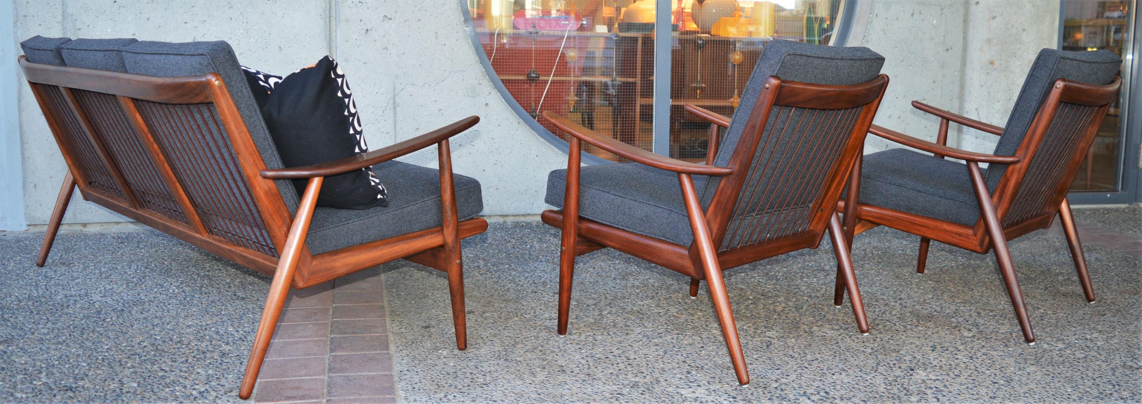 Danish Modern Teak Frame Boomerang Sofa & Pair of Lounge Chairs in New Kravdrat For Sale 3