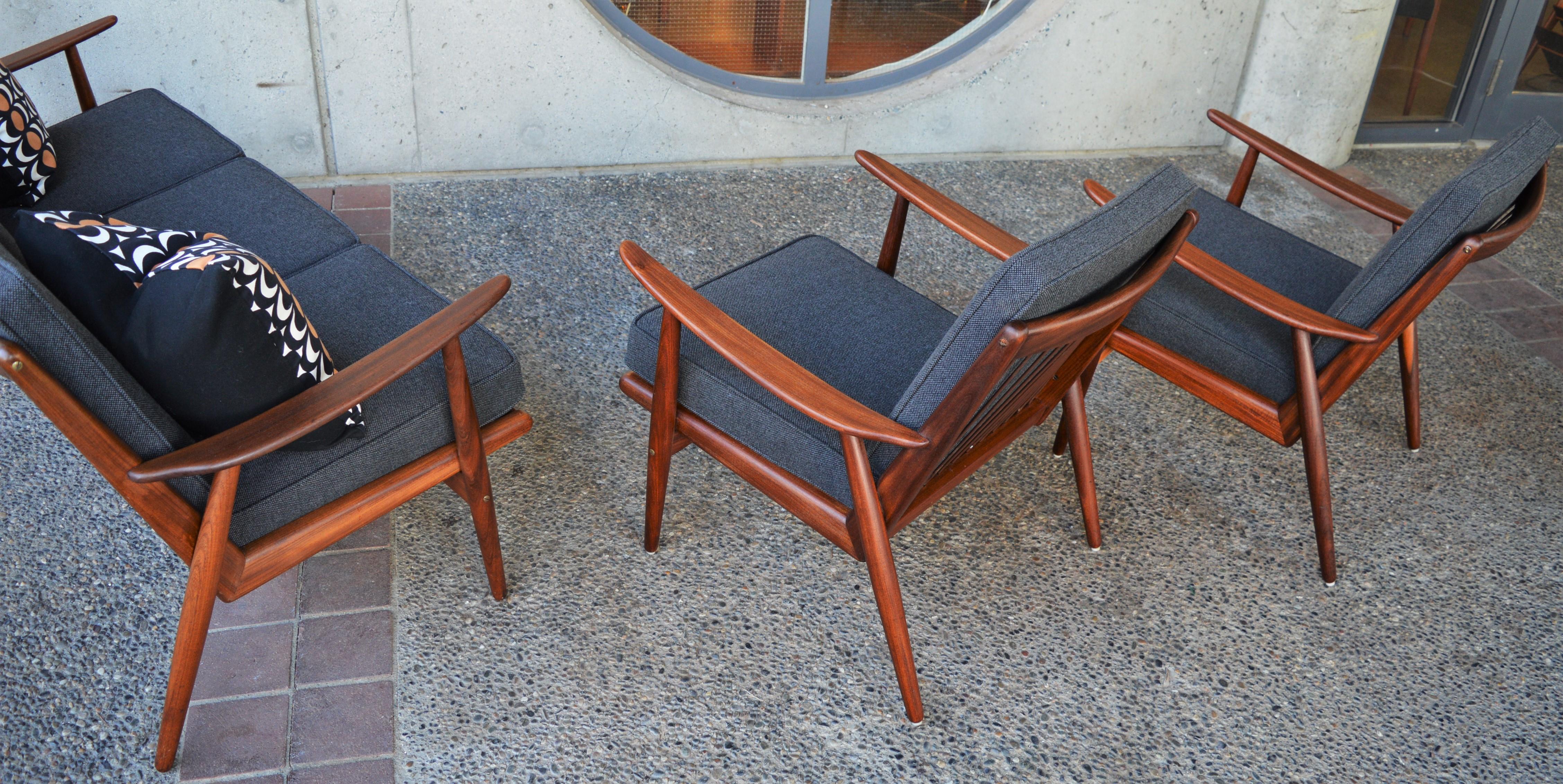 Danish Modern Teak Frame Boomerang Sofa & Pair of Lounge Chairs in New Kravdrat For Sale 4