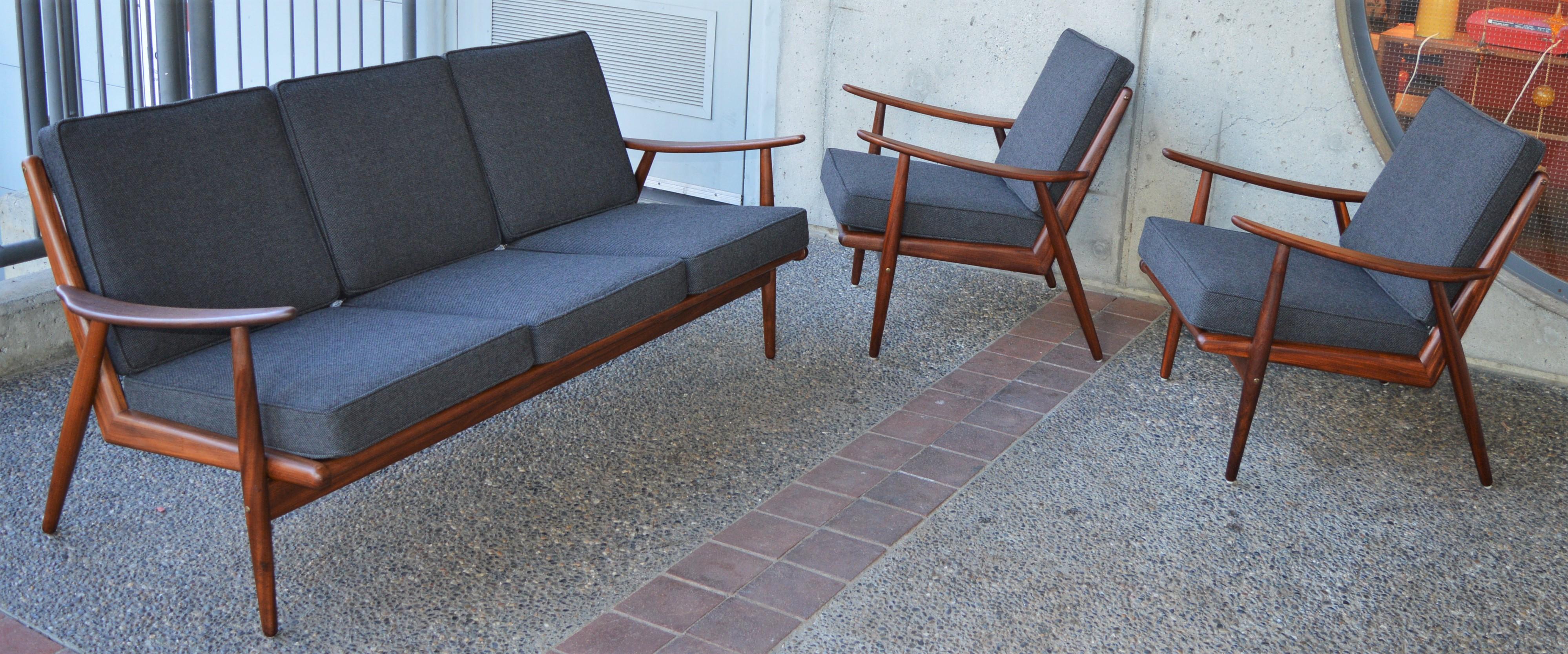 Danish Modern Teak Frame Boomerang Sofa & Pair of Lounge Chairs in New Kravdrat For Sale 8
