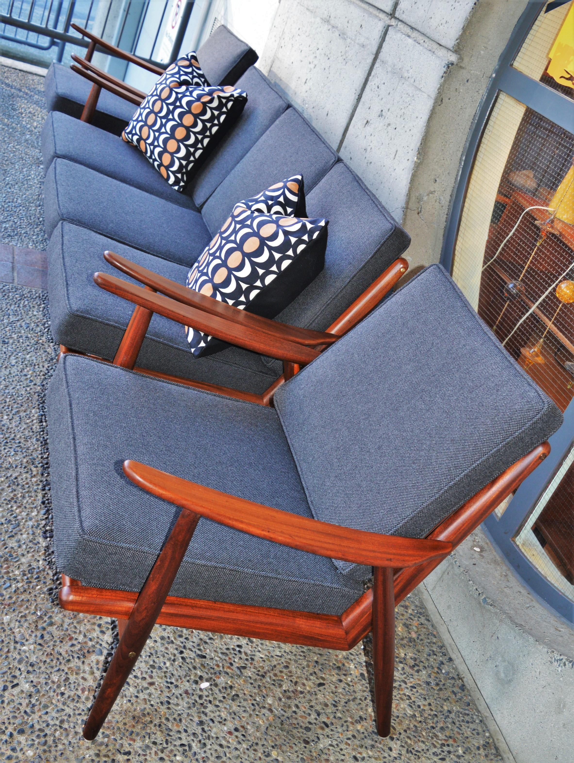 Mid-Century Modern Danish Modern Teak Frame Boomerang Sofa & Pair of Lounge Chairs in New Kravdrat For Sale