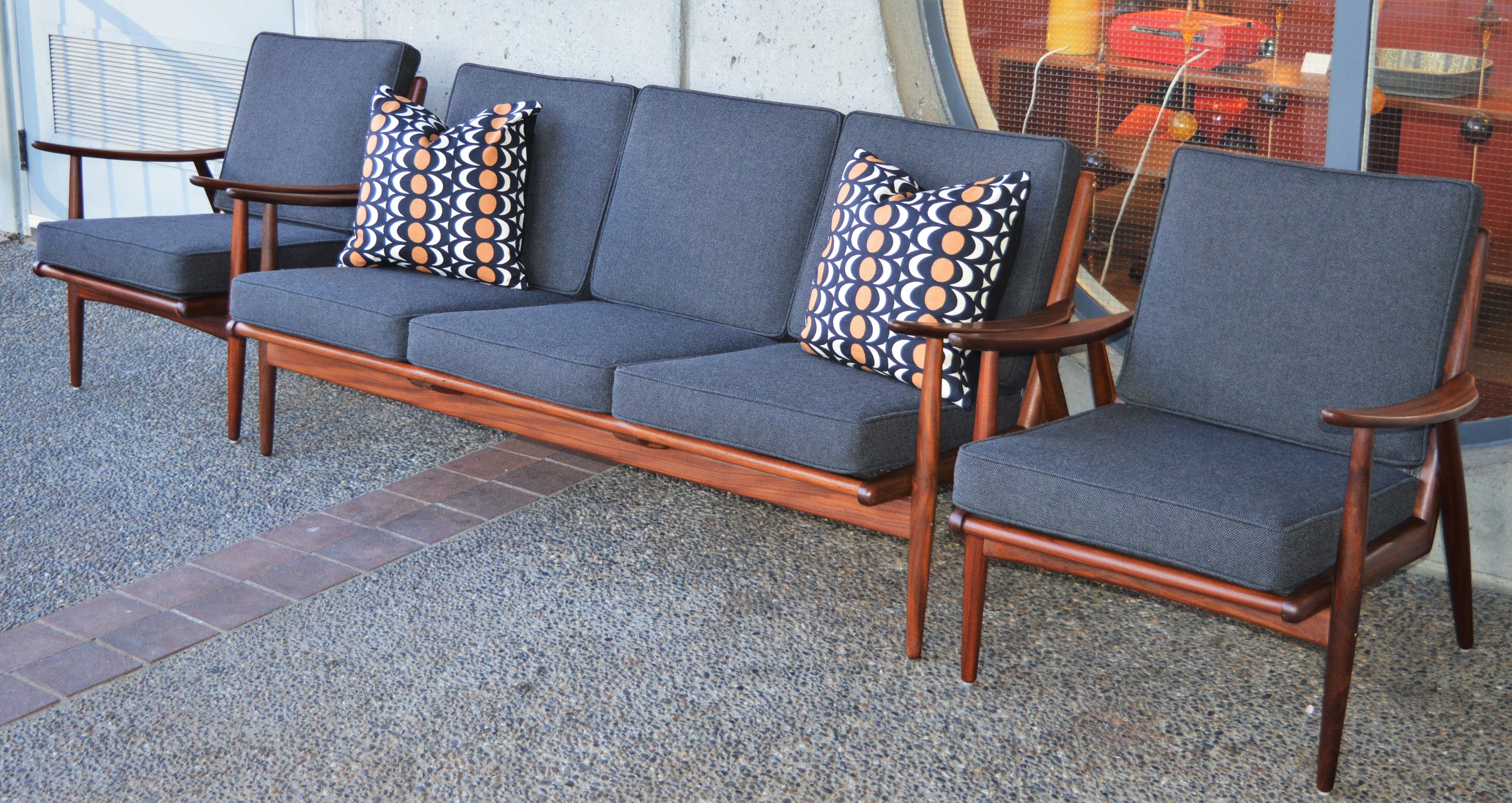 Scandinavian Danish Modern Teak Frame Boomerang Sofa & Pair of Lounge Chairs in New Kravdrat For Sale