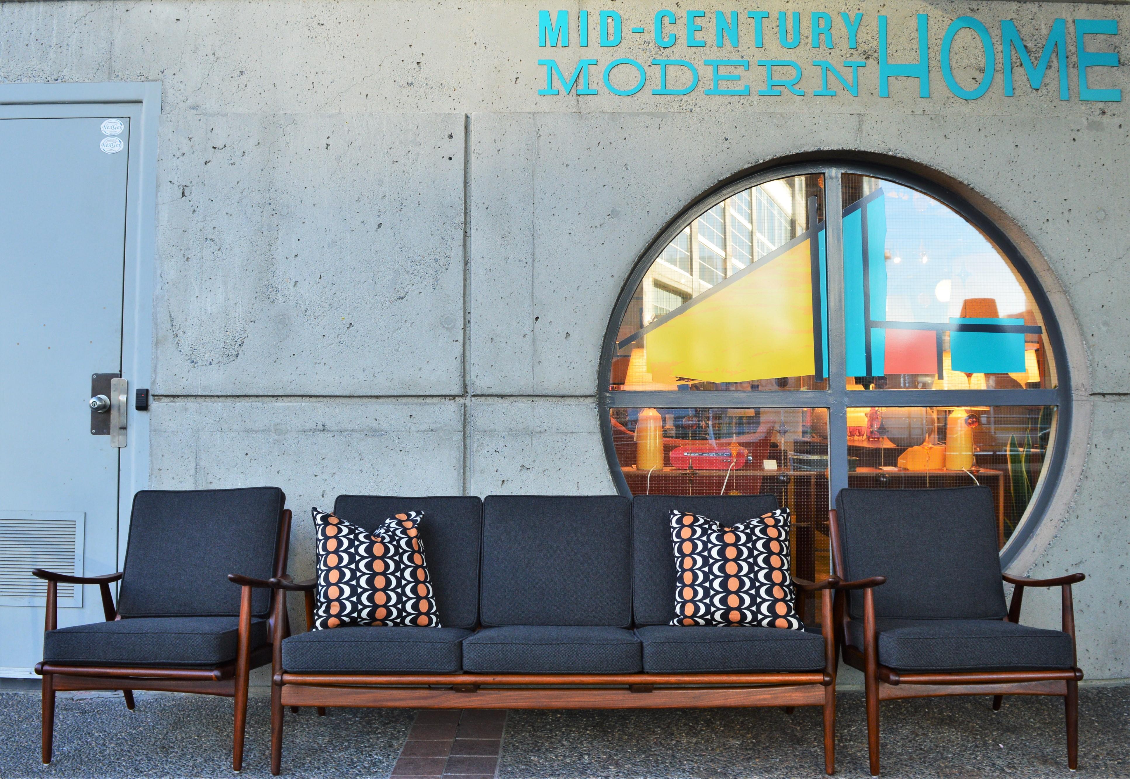 Danish Modern Teak Frame Boomerang Sofa & Pair of Lounge Chairs in New Kravdrat In Good Condition For Sale In New Westminster, British Columbia