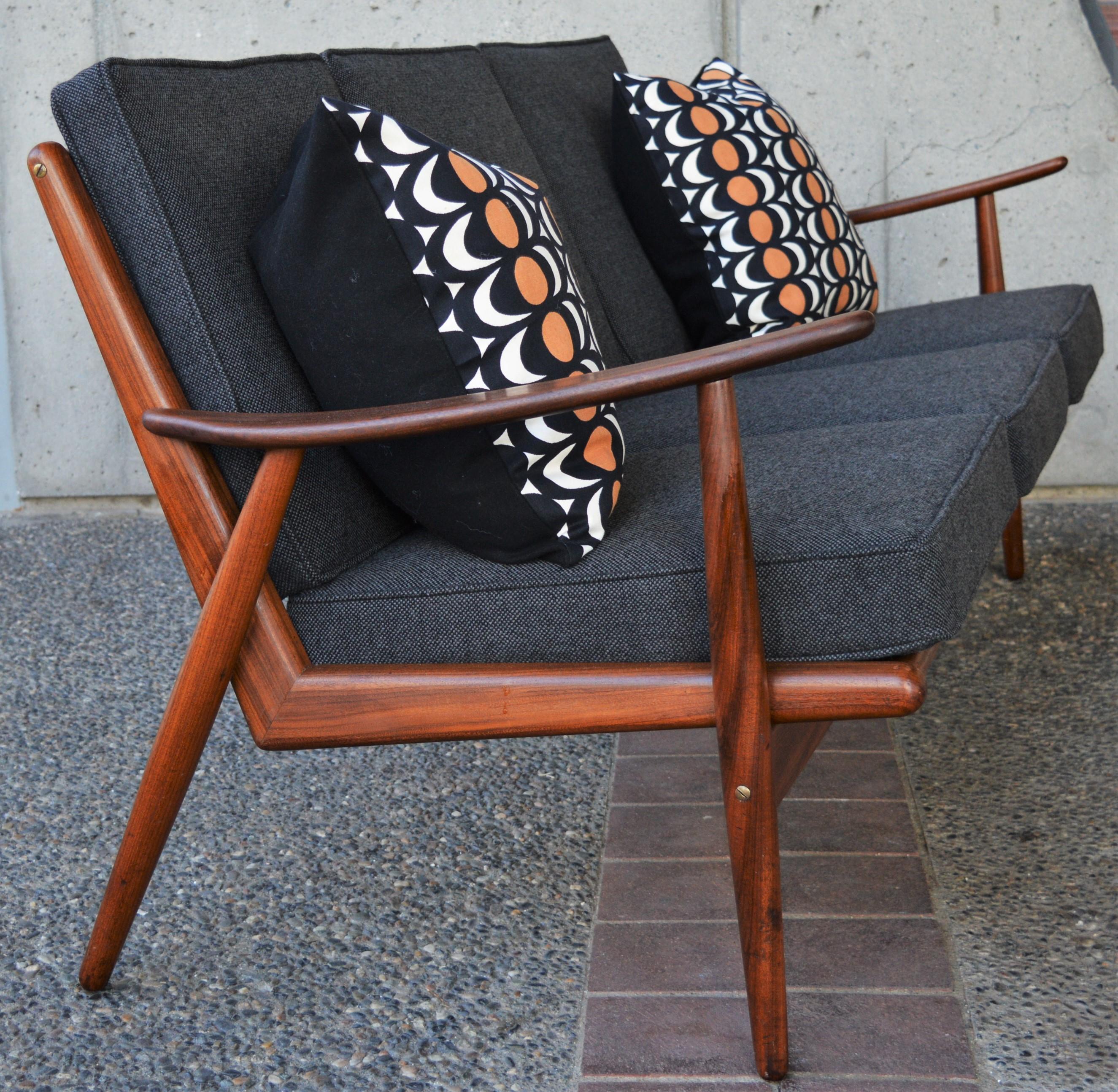 Mid-20th Century Danish Modern Teak Frame Boomerang Sofa & Pair of Lounge Chairs in New Kravdrat For Sale