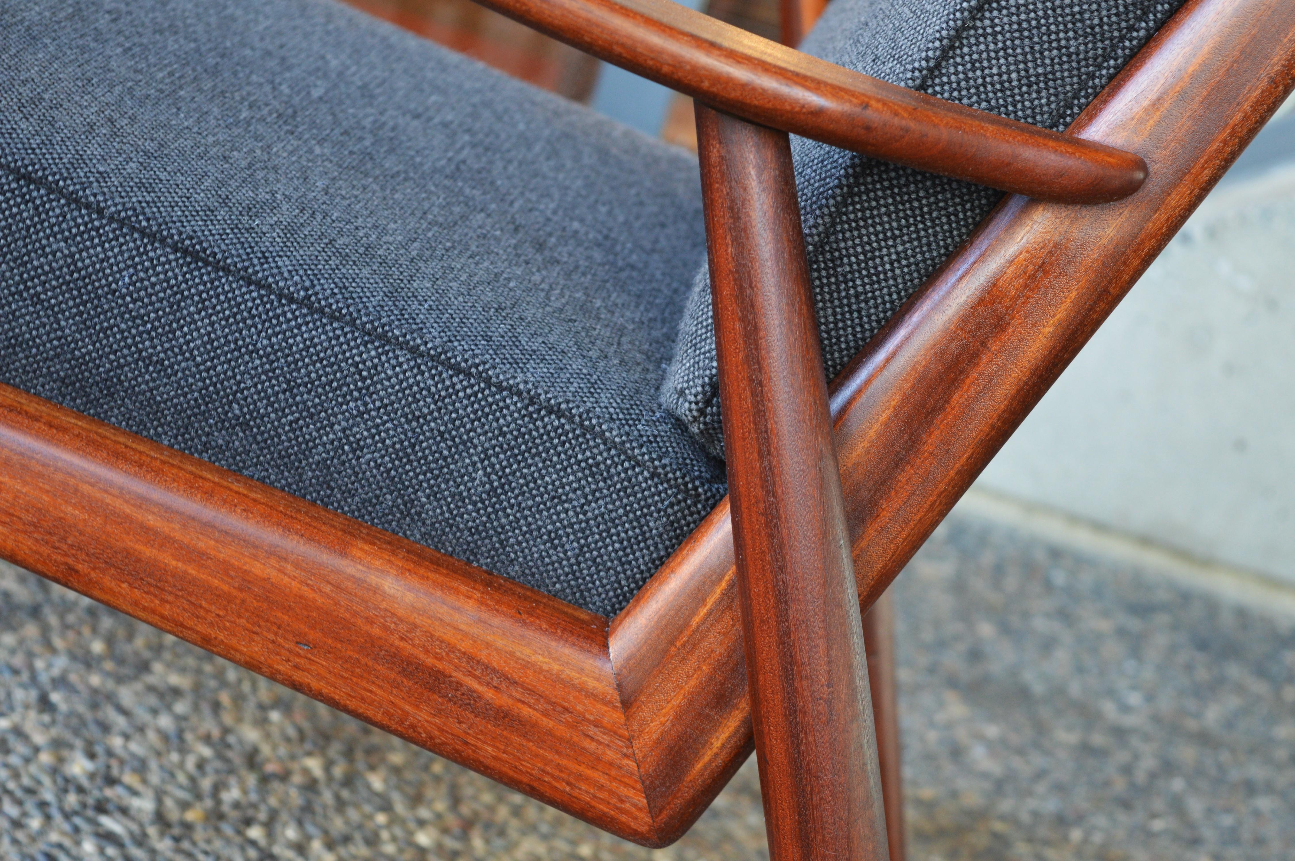 Upholstery Danish Modern Teak Frame Boomerang Sofa & Pair of Lounge Chairs in New Kravdrat For Sale