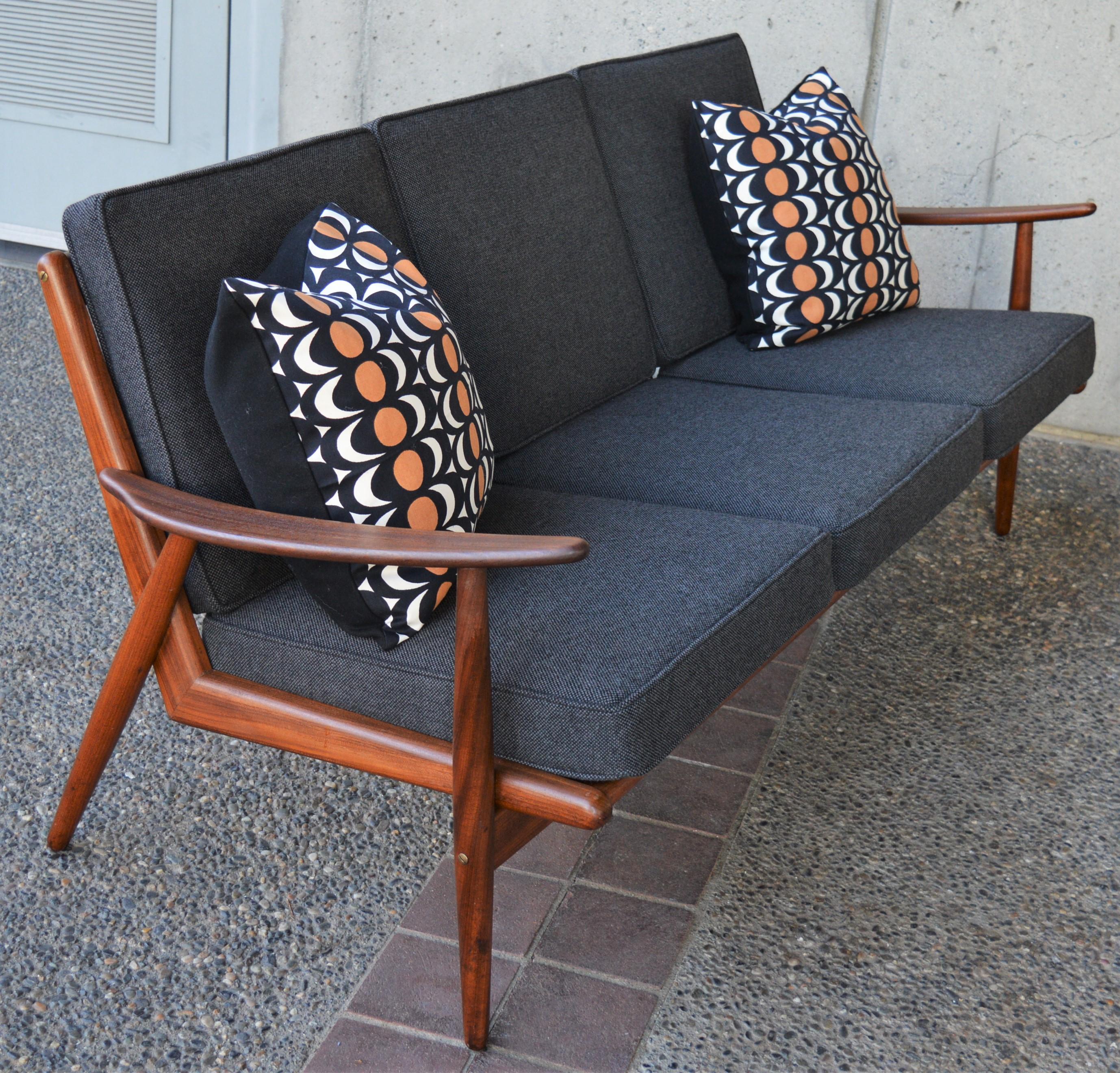 Danish Modern Teak Frame Boomerang Sofa & Pair of Lounge Chairs in New Kravdrat For Sale 2