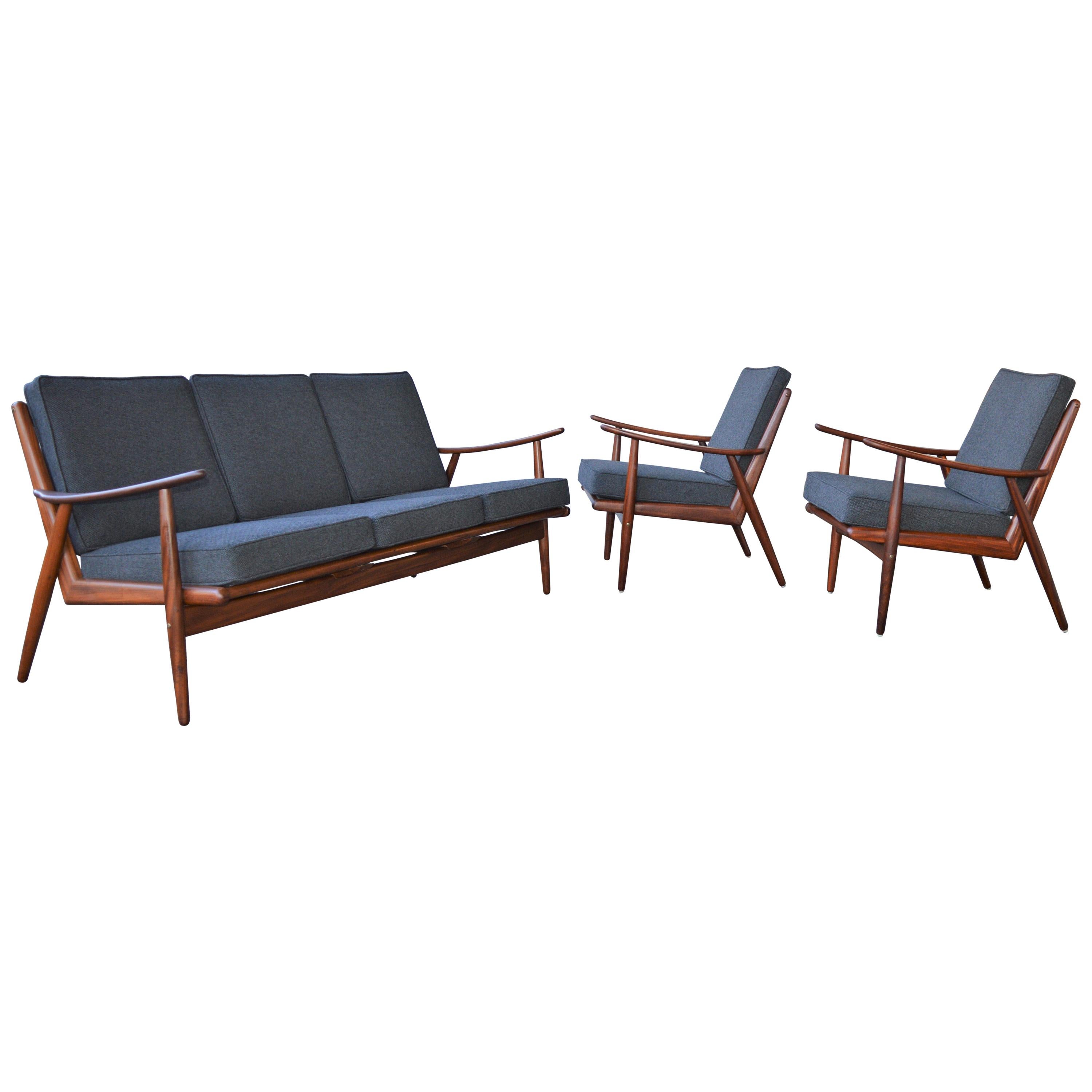 Danish Modern Teak Frame Boomerang Sofa & Pair of Lounge Chairs in New Kravdrat For Sale