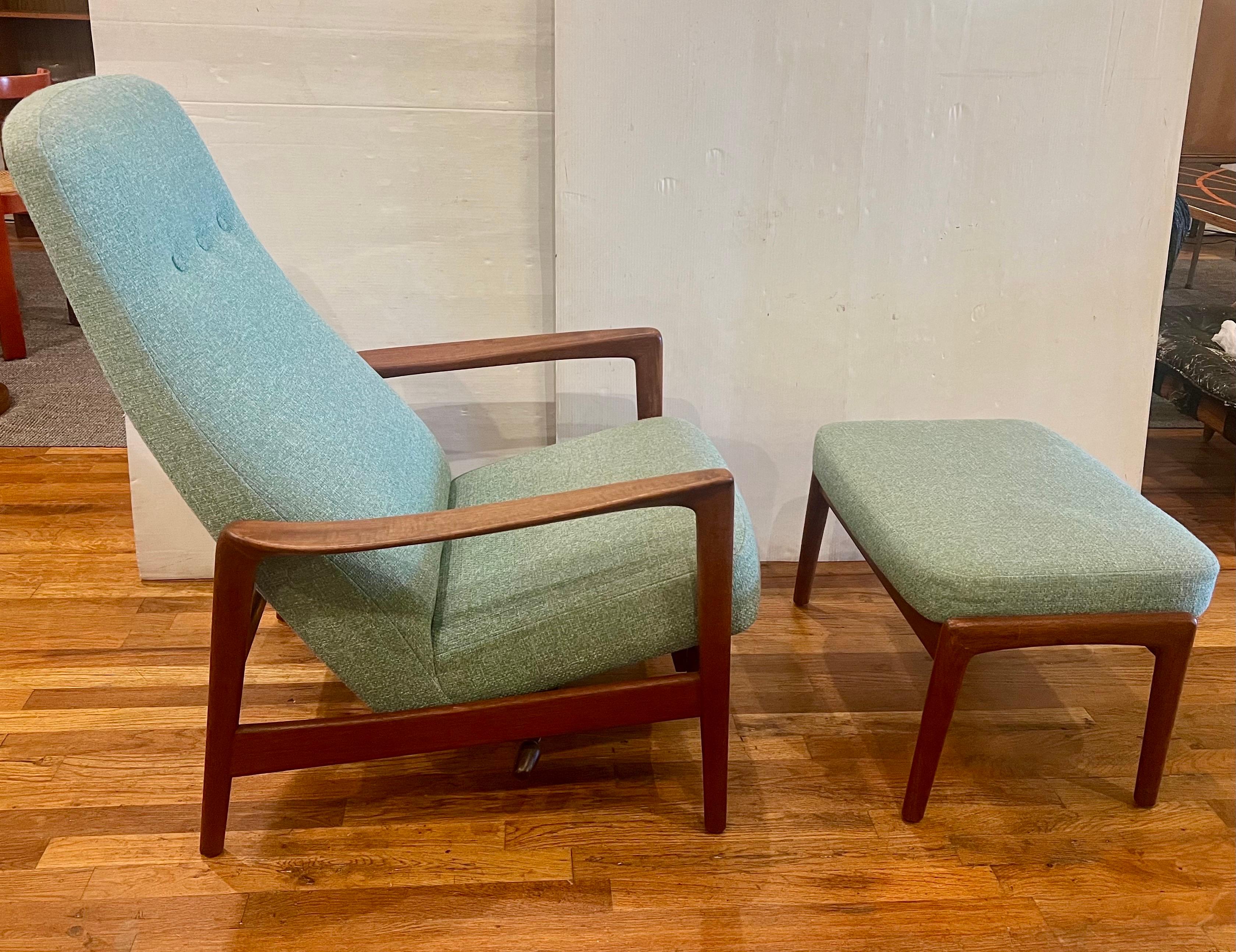 Upholstery Danish Modern Teak Frame Dux Recliner & Ottoman by Folke Ohlsson