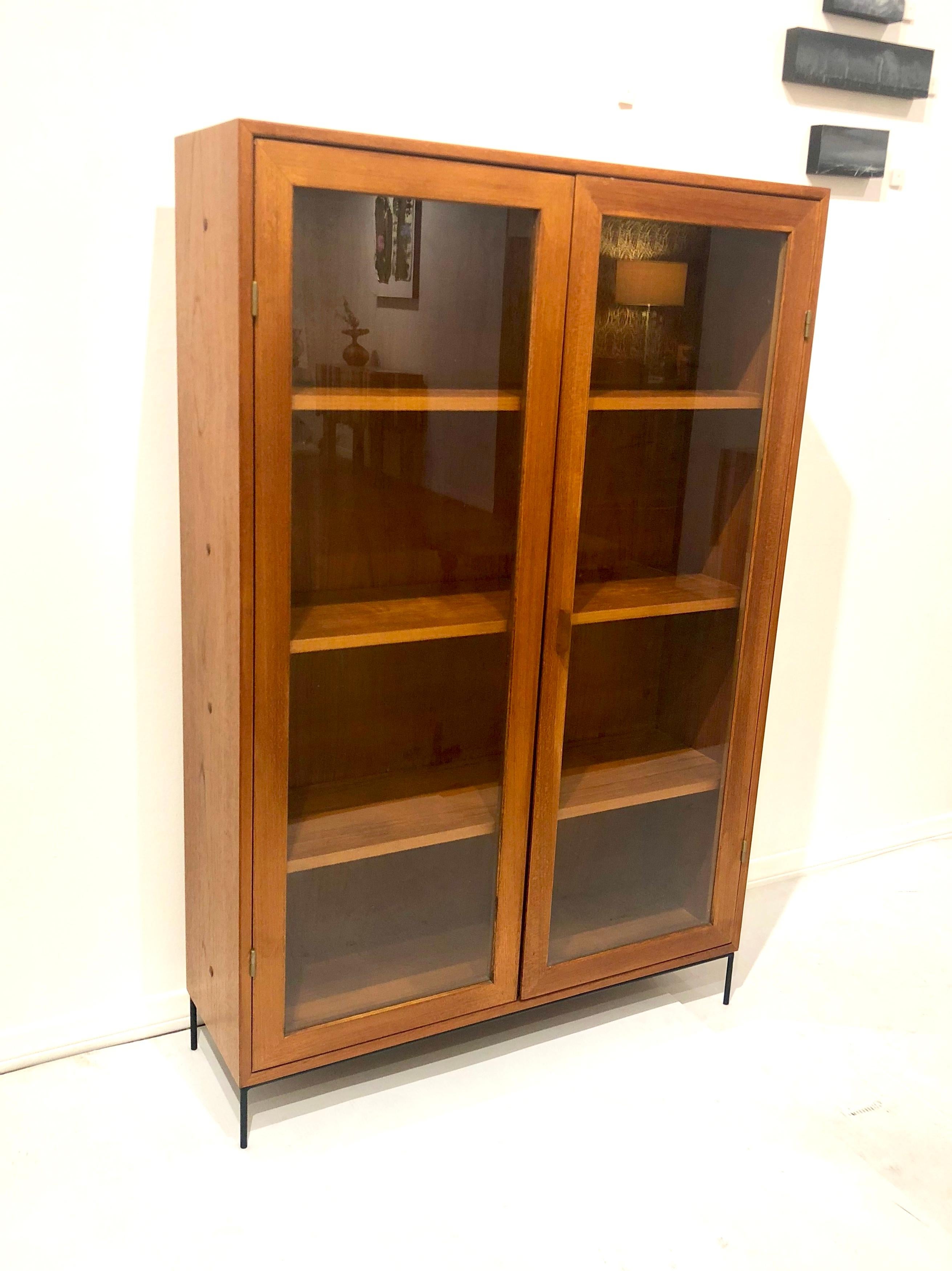 Danish Modern Teak Glass Bookcase by Dyrlund on Solid Iron Base 1