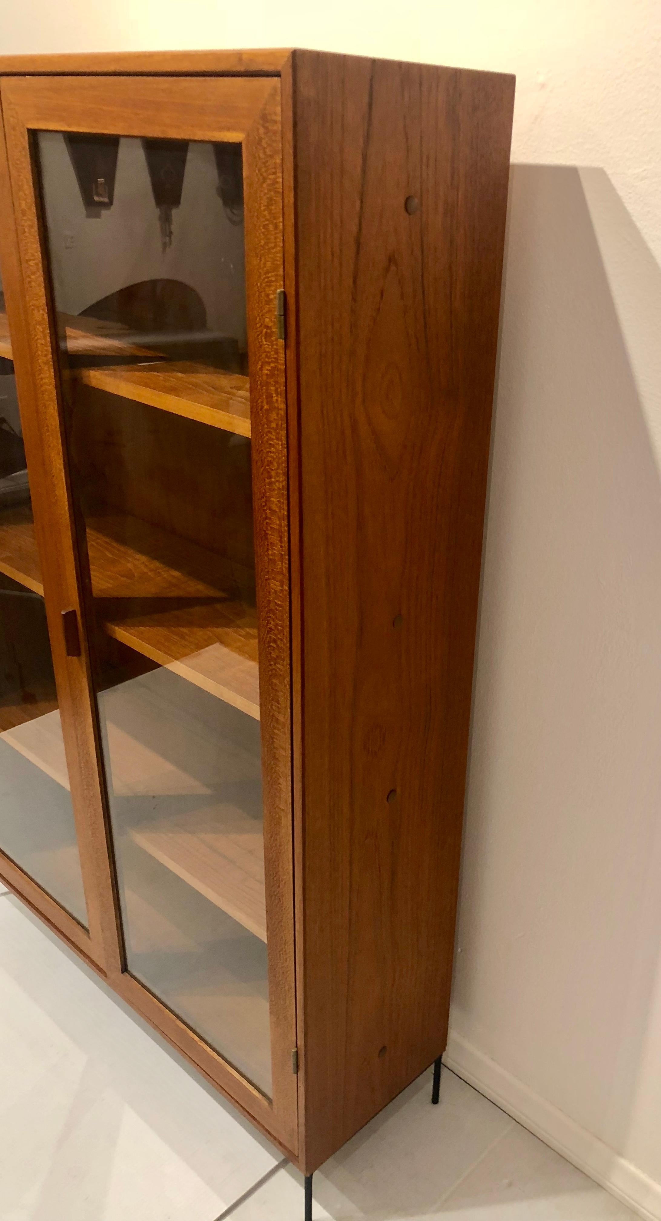Danish Modern Teak Glass Bookcase by Dyrlund on Solid Iron Base 3