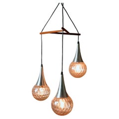 Danish Modern Teak & Glass Tri-Head Pendant Ceiling Light
