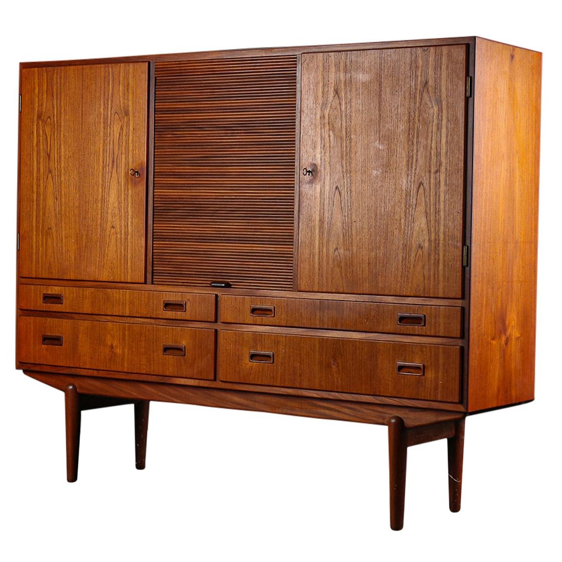 Danish Modern Teak High Sideboard with Center Tambour Door